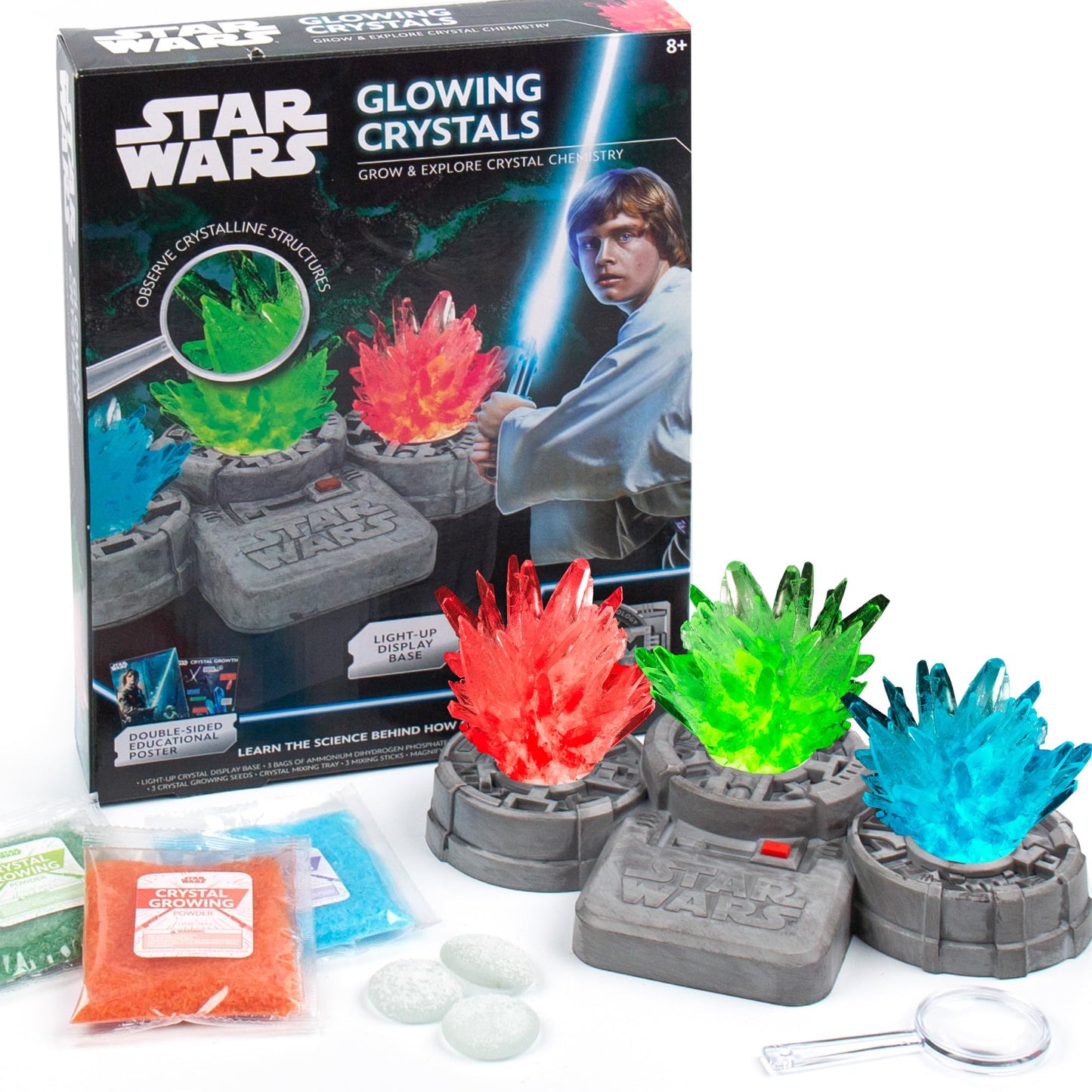 STAR WARS Glowing Crystals, Crystal Growing Kit with Light Up Display Stand, Grow 3 Colorful Crystals, Gift for 8 Year Old Boy, Merch, Toys for Boys Age 8-12
