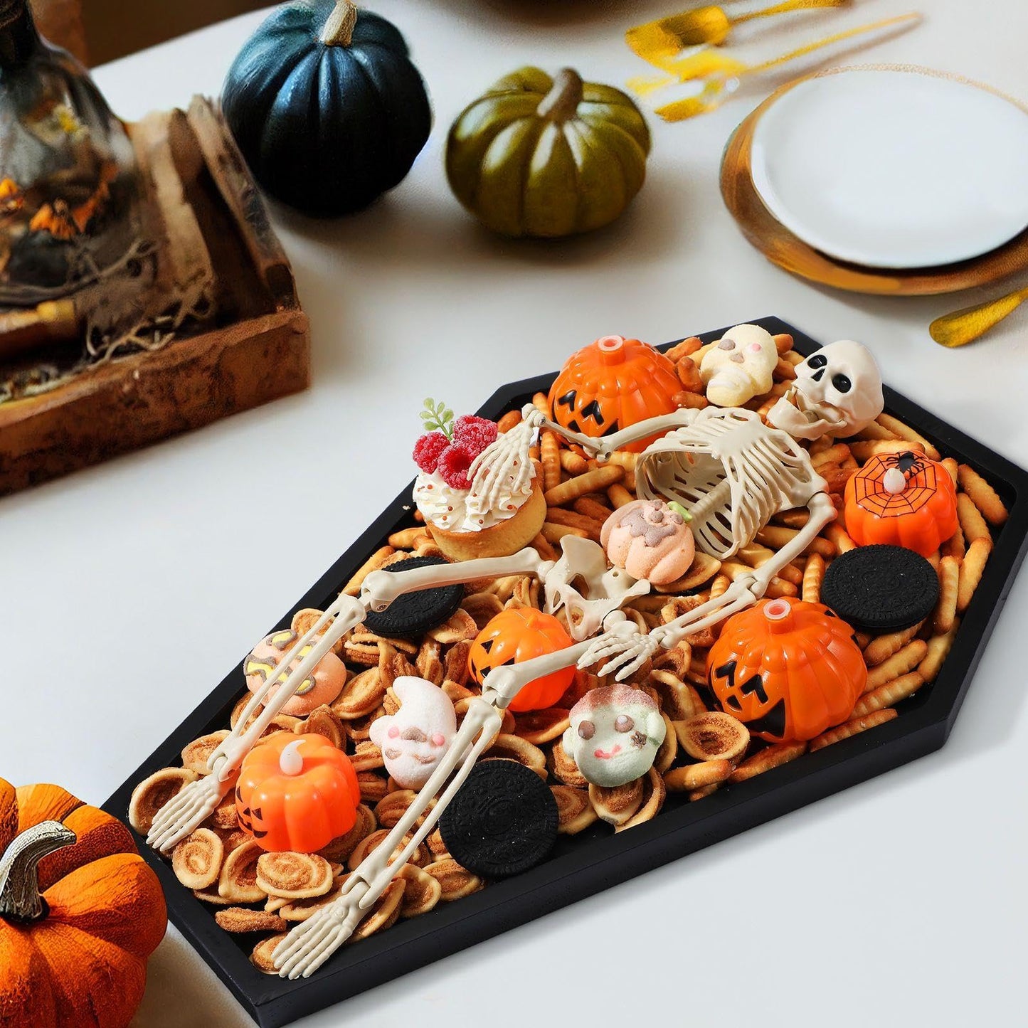 Seeloowy 17.8'' Halloween Coffin Charcuterie Board with 16" Skeleton Large Wooden Coffin Serving Tray Board Skeleton Spooky Gothic Home Decor for Halloween Party Gothic Accessories