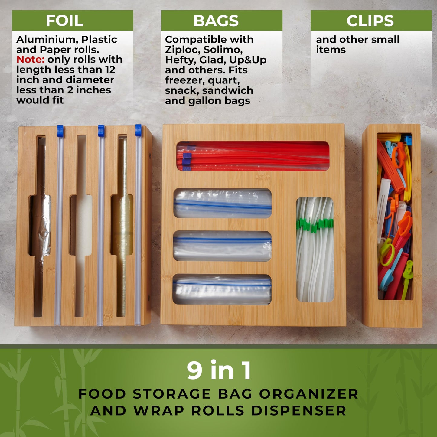 Kitchen Drawer Organizer, 9 in 1 Sandwich Storage Bag Organizer & Foil Wrap Dispenser - Fits Gallon, Quart, Snack - Plastic Bag Storage for Kitchen Organization [Measure Your Drawer Before Ordering]