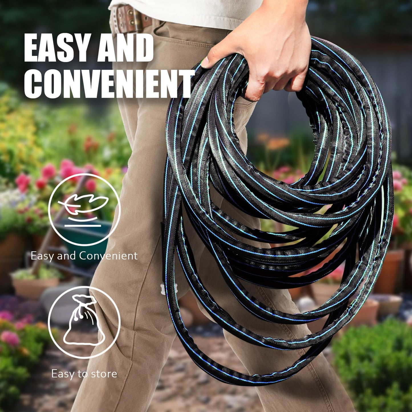 Non-Expanding Garden Hose 100ft – Flexible, Burst-Resistant, Anti-Kink, 10-Function Spray Nozzle, Lightweight & Durable for Outdoor Use(Blue or Green)