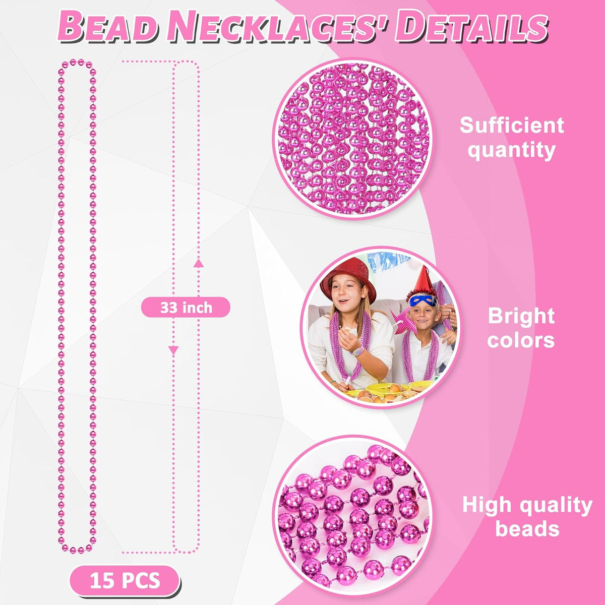 Pink Beaded Necklace, 15PCS Breast Cancer Awareness Accessories, 33" Mardi Gras Beads Necklace Bulk, Festival Parade Throw for Breast Cancer Awareness Wedding Gender Reveal Party Events Supplies