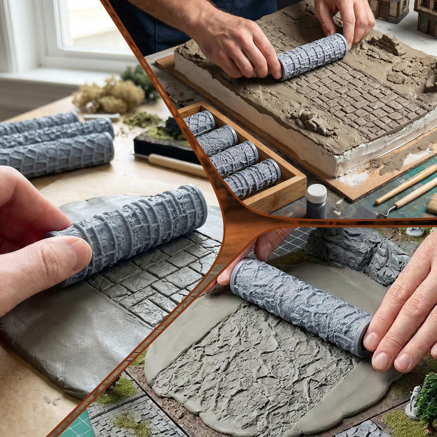 Warmtree 4 Pcs Terrain Texture Roller Set Polymer Clay Texture Roller for DIY Modeling Scenic Terrain Wall Road Model Miniatures Landscape