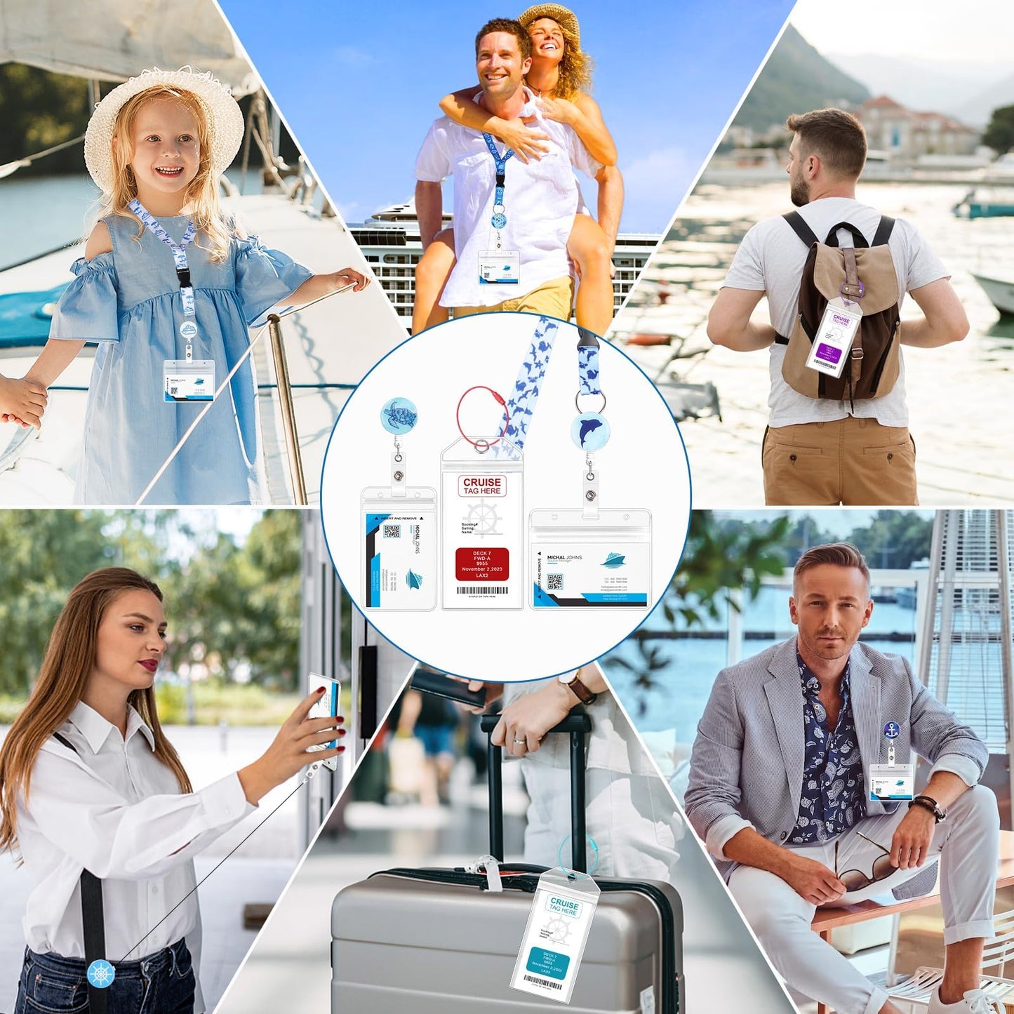8 Pack Cruise Lanyards Set for Ship Cards, with Retractable Badge Reel Waterproof Luggage Tag Holders Id Card Holders, Sea-Themes Pattern for All Cruises Ticket Key Cards Luggage Tag