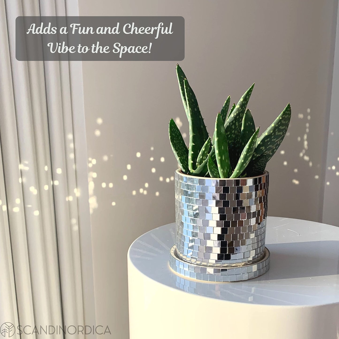 SCANDINORDICA Disco Ball Planter 6" Gold with Chain and Macrame Hanger and Disco Ball Planter Pot 4.3" with Saucer (0.3x0.3 mirror tiles)