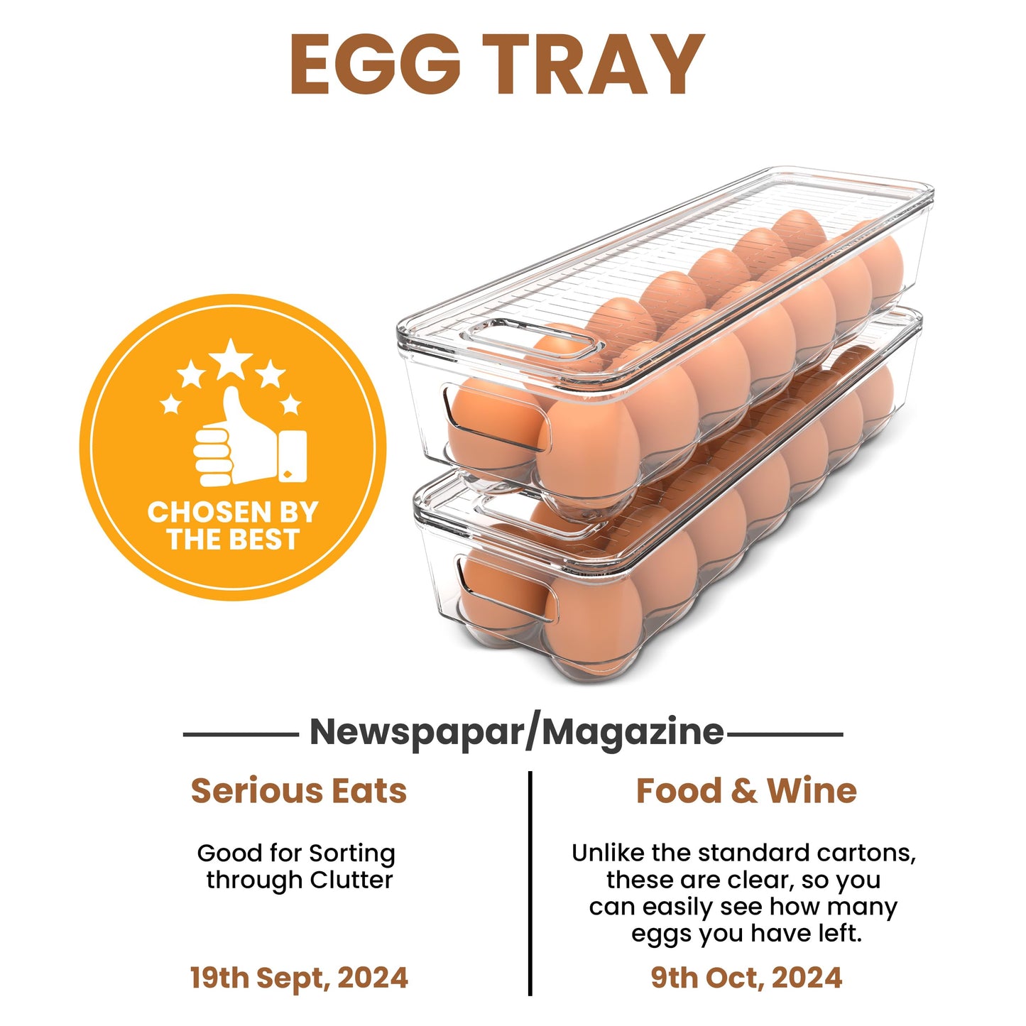 Utopia Home Egg Container With Lid and Handle for Refrigerator - Pack of 3 - Clear Stackable Egg Holder for Kitchen Storage and organization