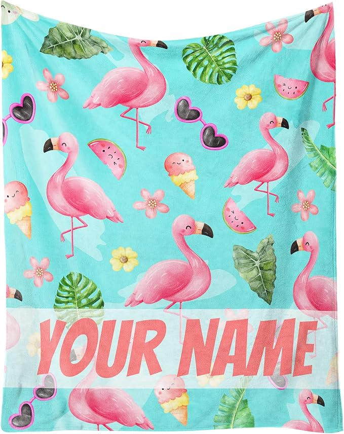 Custom Flamingo Blankets Gifts with Name - 40 x 50 Inches Cute Throw for Kids - Green Warm Furry Plush Flamingo Blankets for Sofa