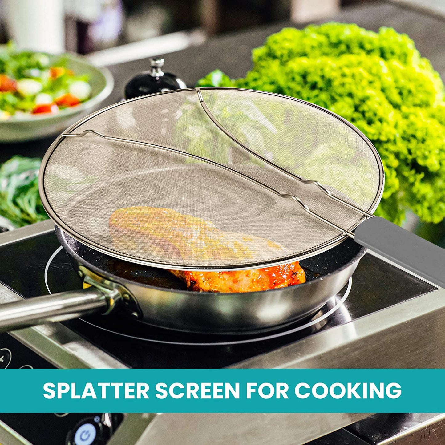 13" Grease Splatter Screen for Cooking | Stainless Steel Oil Splatter Guard and Ultra-Fine Mesh Protects Skin from Burns | TPR Tight-Grip Handle (Grey)