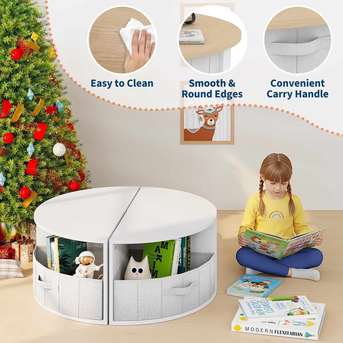 Kids Table and Chair Set, 5 Pieces Wooden Round Nesting Design Children Multi-Activity Table With 4 Storage Stools & 4 Fabric Drawers, Toddler Table and Chair Set for Play/Art/Reading/Craft