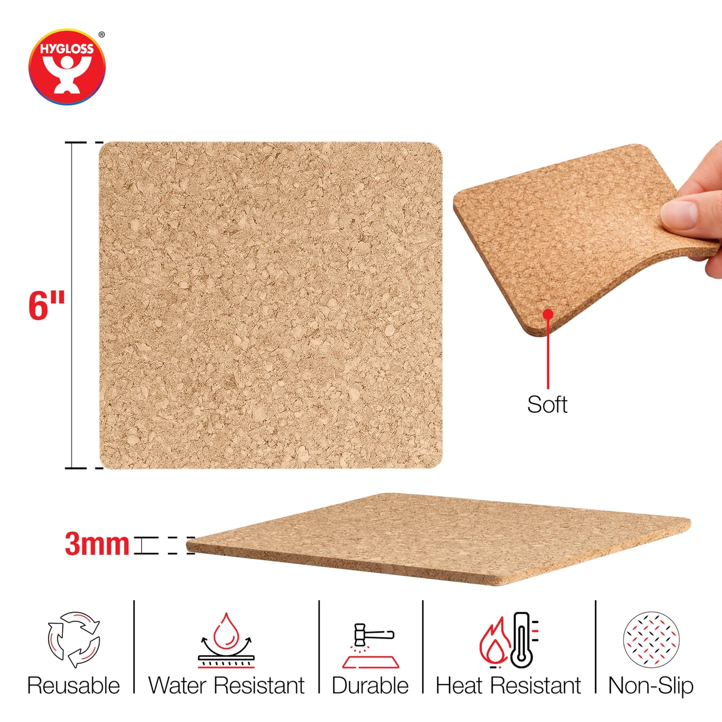 Hygloss Products Natural Cork Coasters - Eco Friendly Absorbent Square for Drinks, Trivets, and DIY Crafts, 3mm, 6 inch, Set of 6