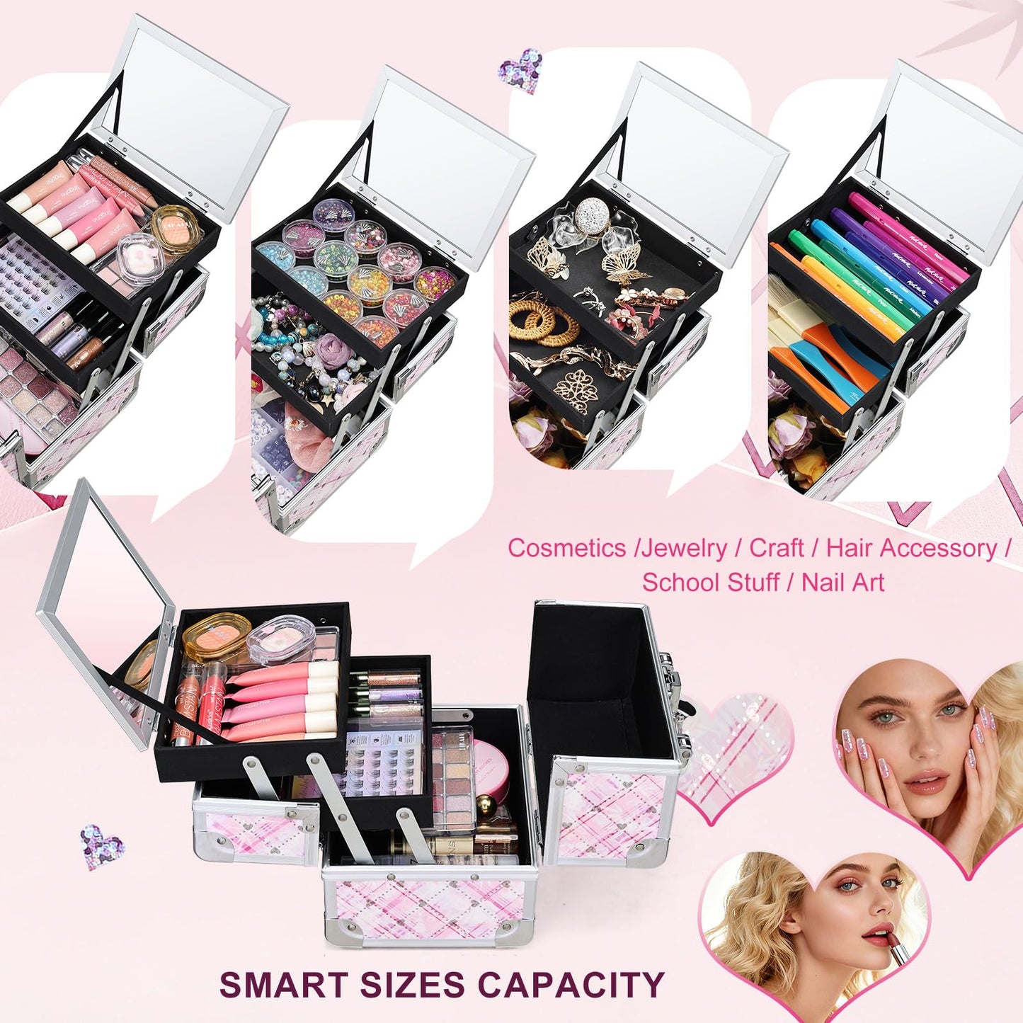 FRENESSA Makeup Train Case Portable Makeup Case Organizer Cosmetic Box Make Up Box Makeup Organizer Cases with Mirror Locking Nail Kit Organizer Travel Case Pink Plaid