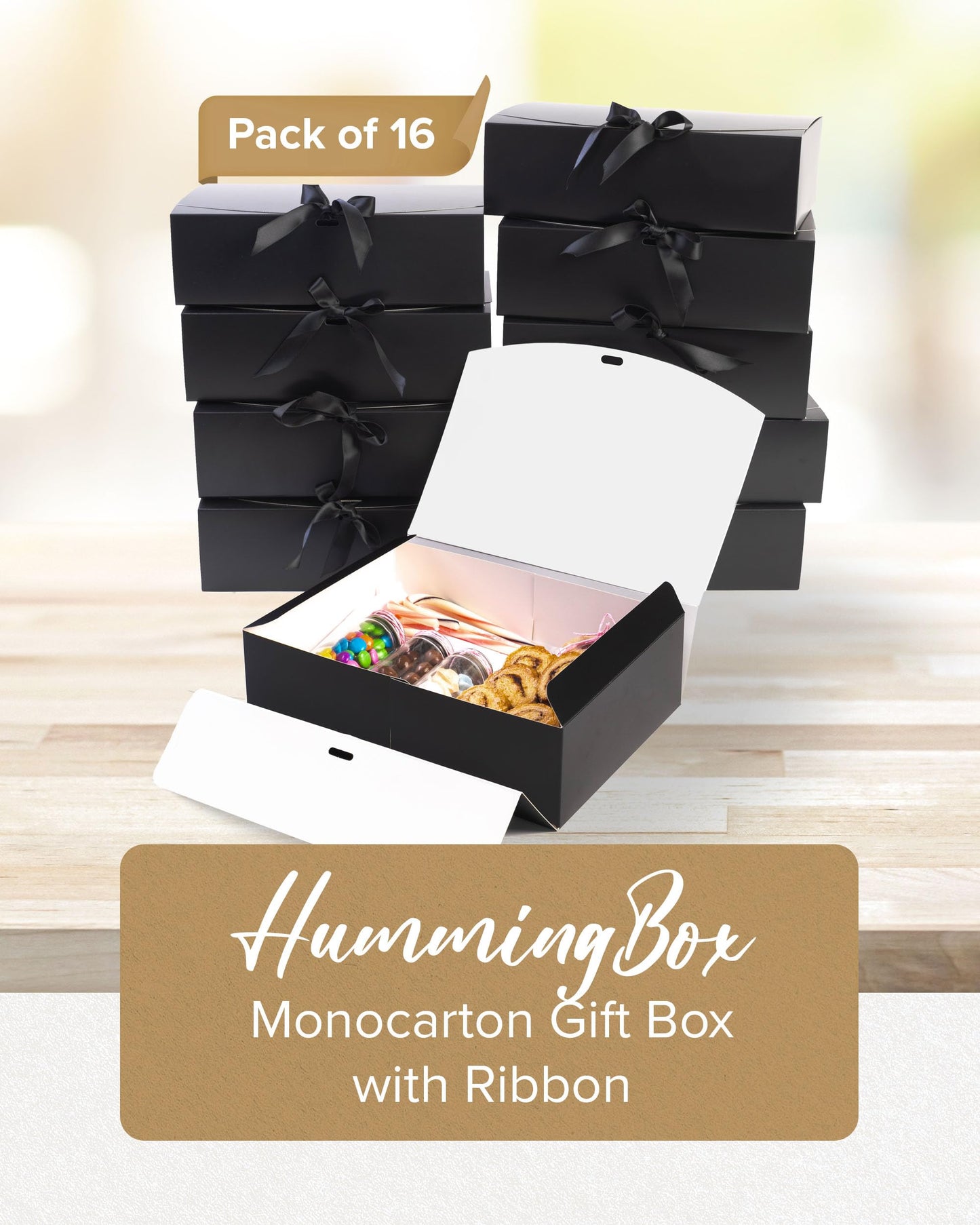 HummingBox Black Gift Box Set of 16 - Gift Boxes for Presents & gifting on weddings, birthdays & more - Easy to Assemble Black Gift Boxes With Lids & Ribbon Closure - Decorative Boxes With Lids