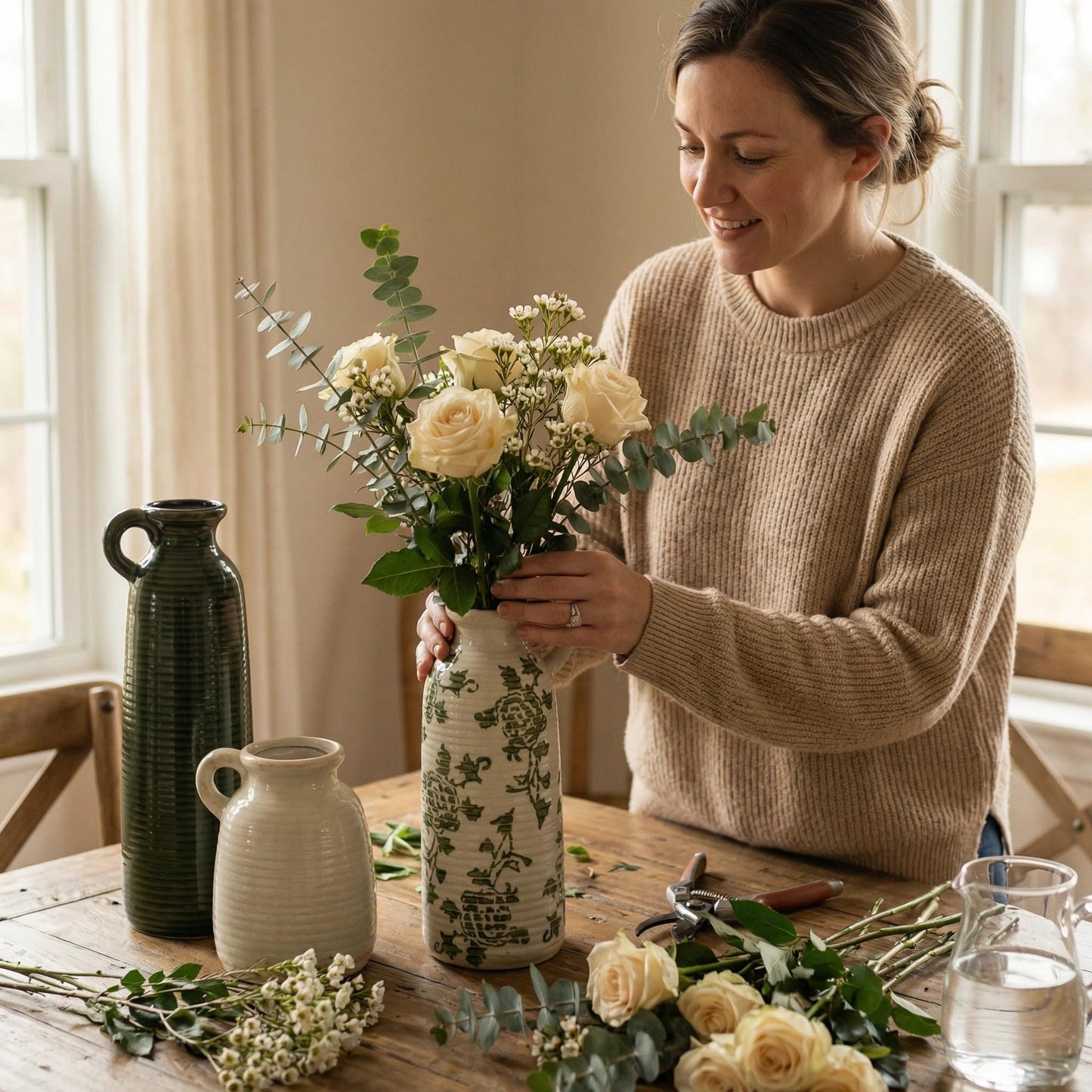 LIFESTYLO Ceramic Vase Set of 3 with Handles, Green White Neutral Rustic Modern Farmhouse Boho Decor, Versatile as Table Centerpiece or Mantel & Shelf Accent - Unique Home Gift Idea