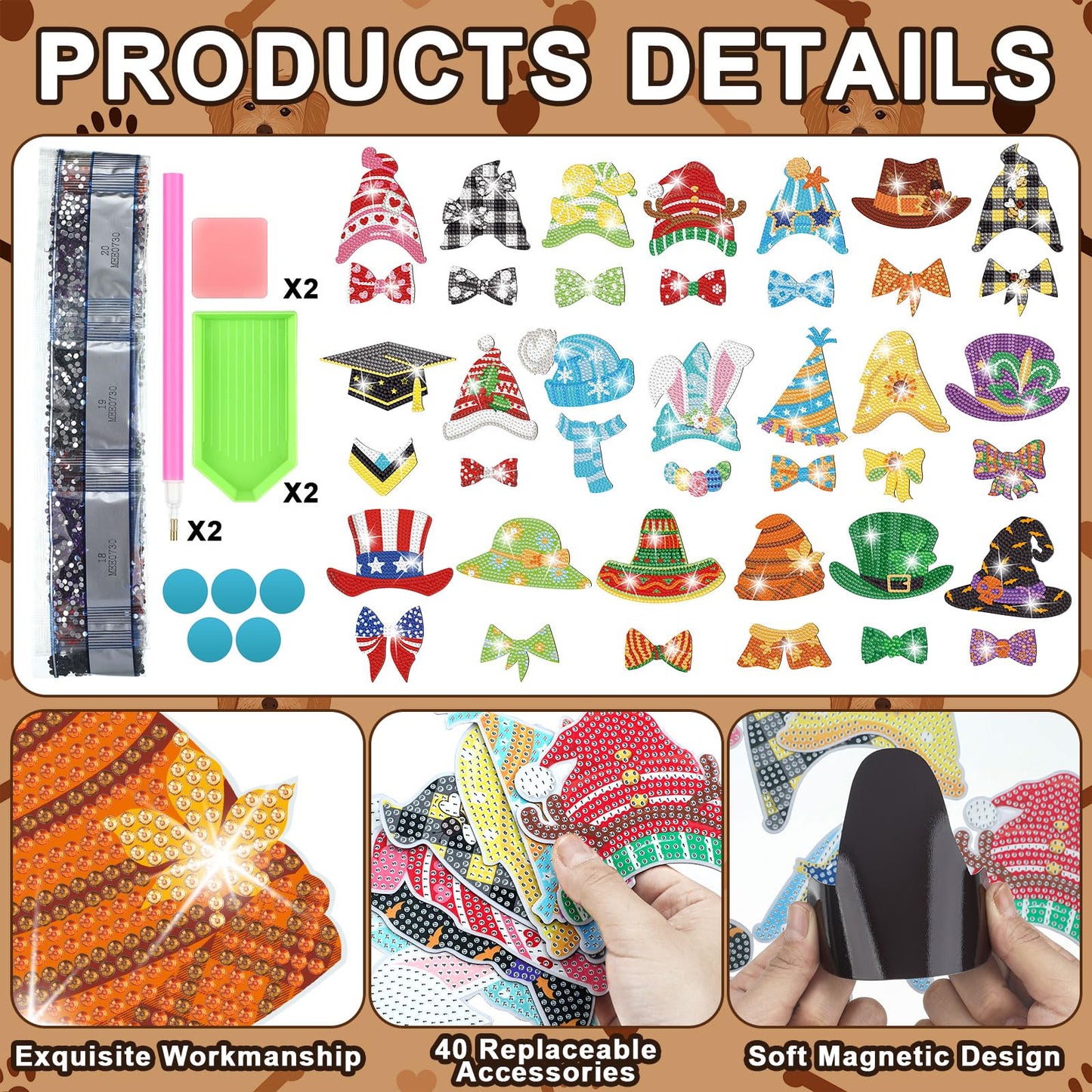 DoubleFill 42 Pcs Summer Diamond Kits 4th of July Interchangeable Wooden Table Decorations DIY Summer Holiday Party Seasonal Tiered Tray Art Decor Diamond Painting Magnets(Dog)