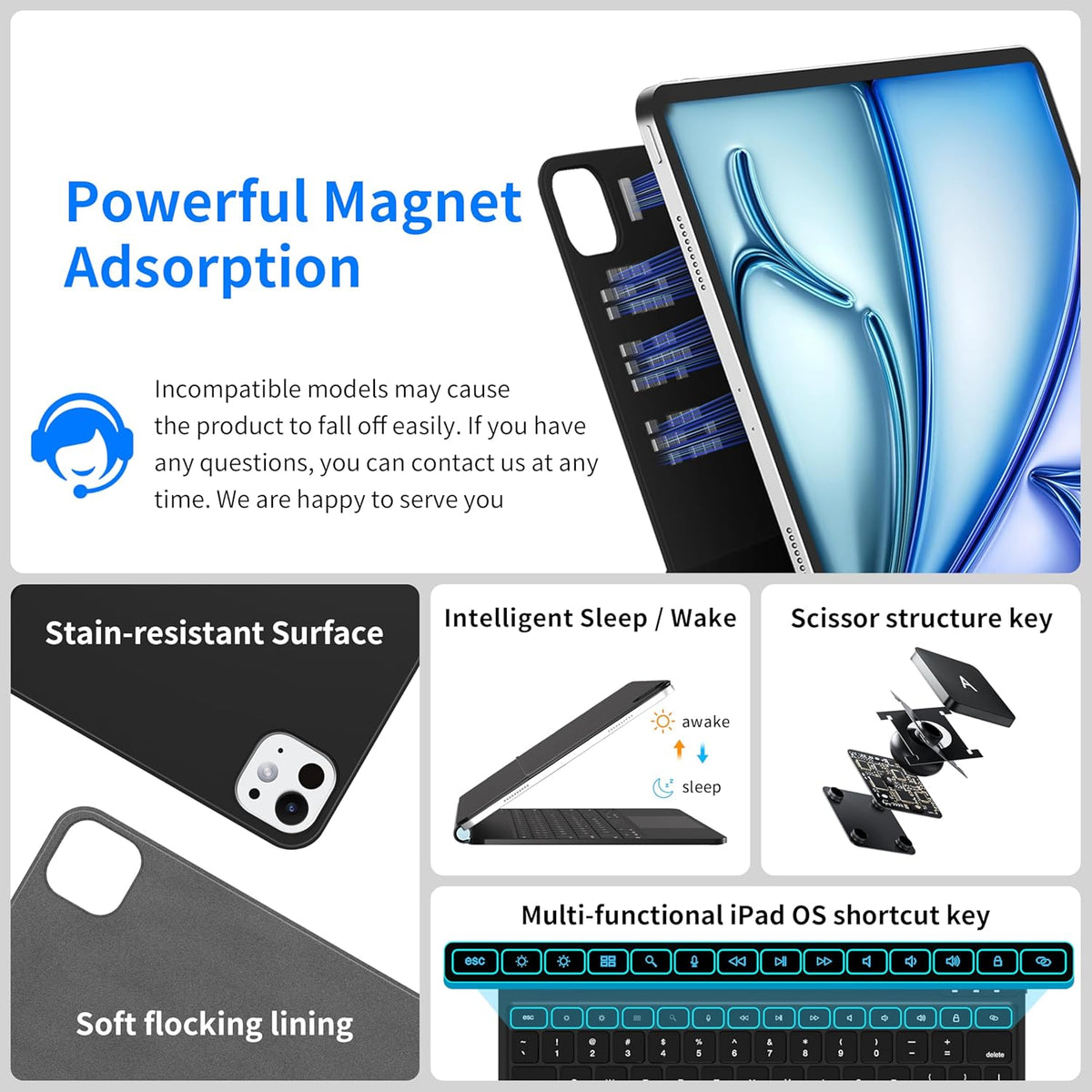 Keyboard Case for iPad Air 13 Inch (M3 2025/M2 2024),iPad Pro 12.9 inch (3/4/5/6th Gen)–Magic-Style Magnetic Keyboard Case with 7 Color Backlight,Multi-Touch Trackpad,Floating Cantilever Stand
