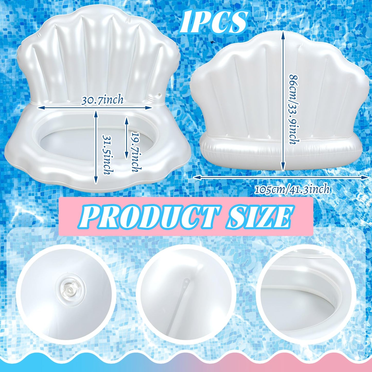 Gemscream 1 Pcs Inflatable Seashell Pool Float Cooler, Mermaid Party Decorations, Blow up Shell Float Drink Holder, Under The Sea Theme Party Supplies for Summer Pool Beach Decor (White)