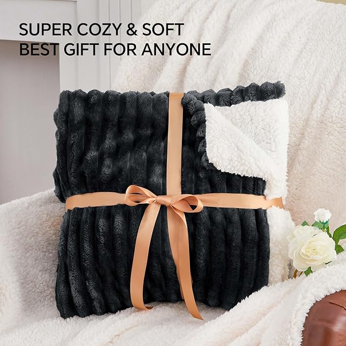 INFIIXSO Sherpa Fleece King Size Blanket - Super Soft & Warm Striped Fleece Blanket, Cozy Plush Fluffy Large Bed Blanket All Season Use (Black, 104x90 Inches)