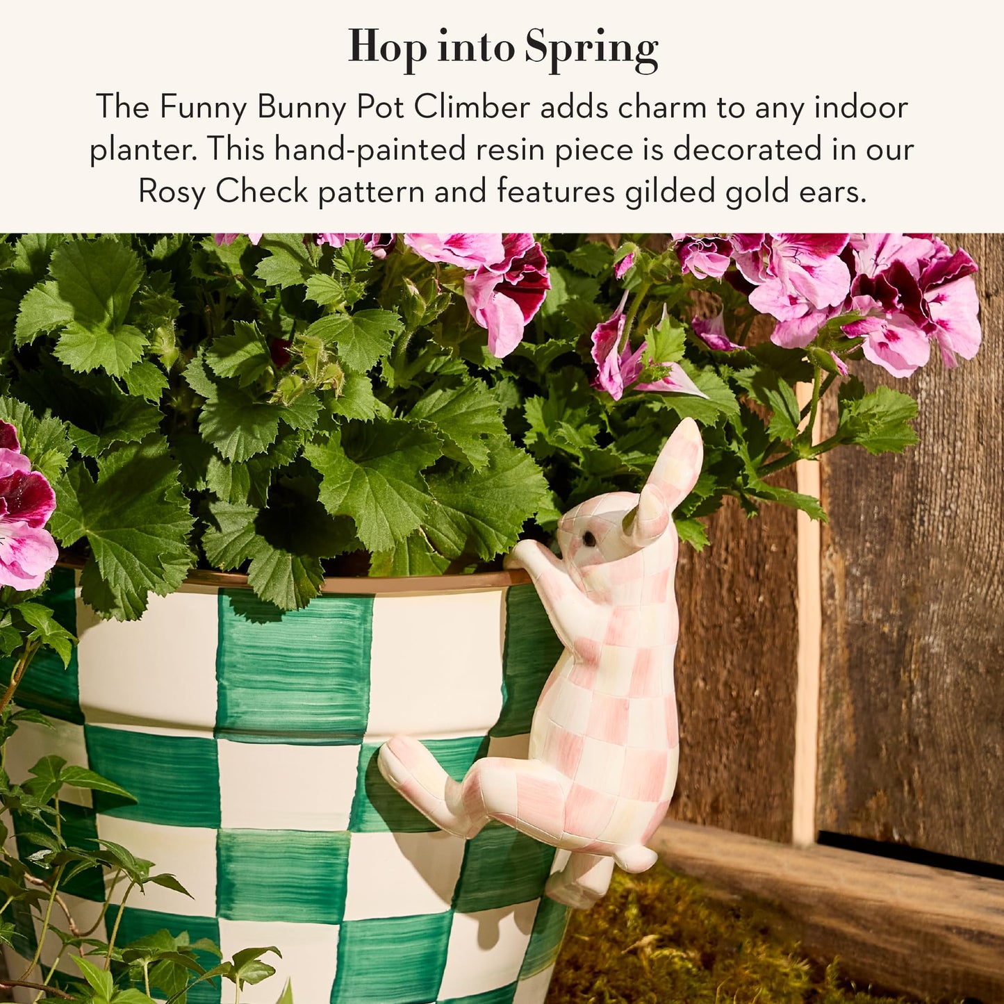 MACKENZIE-CHILDS Pot Climber, Decorative Indoor and Outdoor Planter Hanging Decor, Pink-and-White Rosy Check Funny Bunny