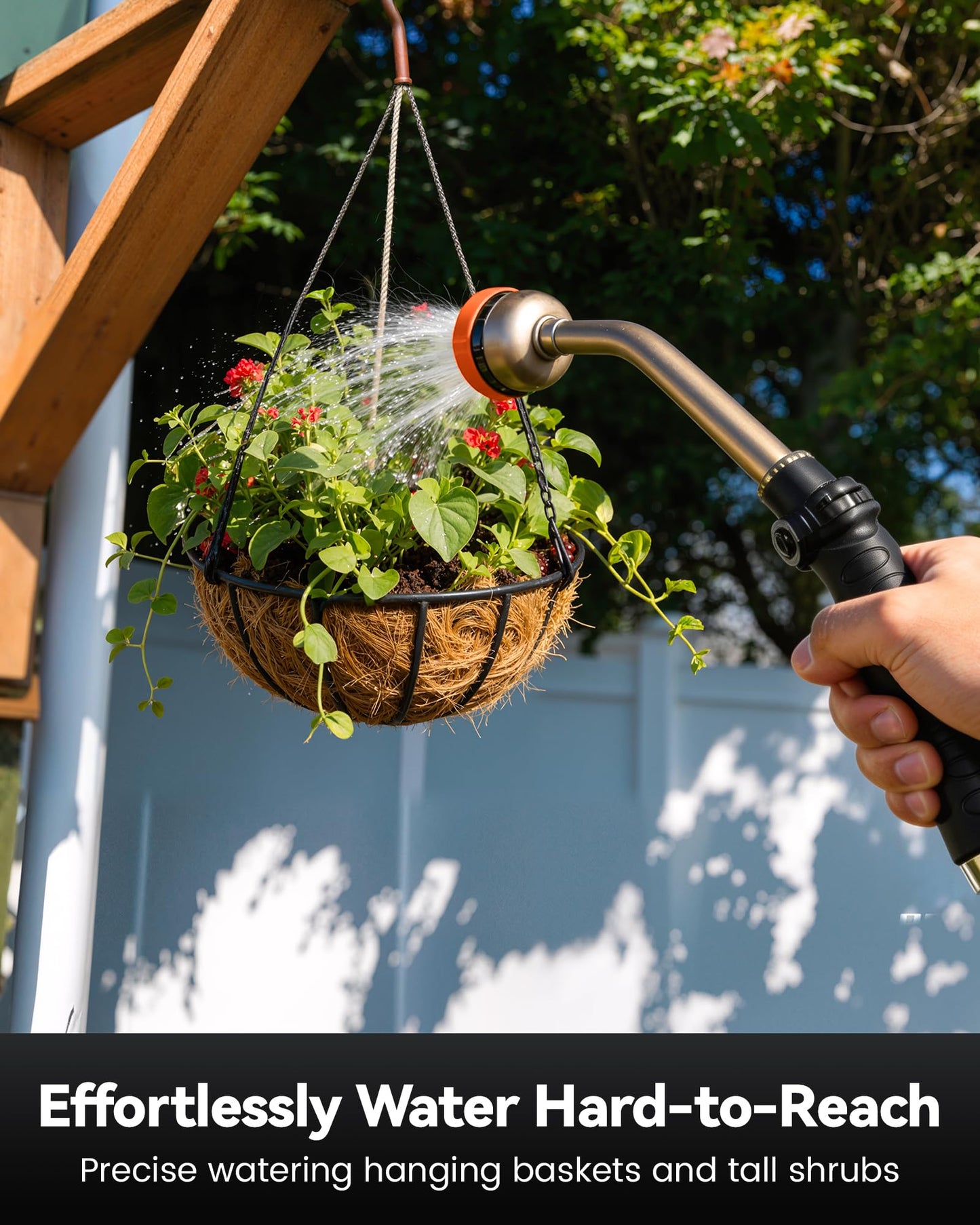 RAINPOINT Watering Wand, 16 Inch Metal Garden Hose Wand with 9 Spray Patterns, Long Hose Sprayer Nozzle For Hanging Baskets, Shrubs,Lawn (Orange)