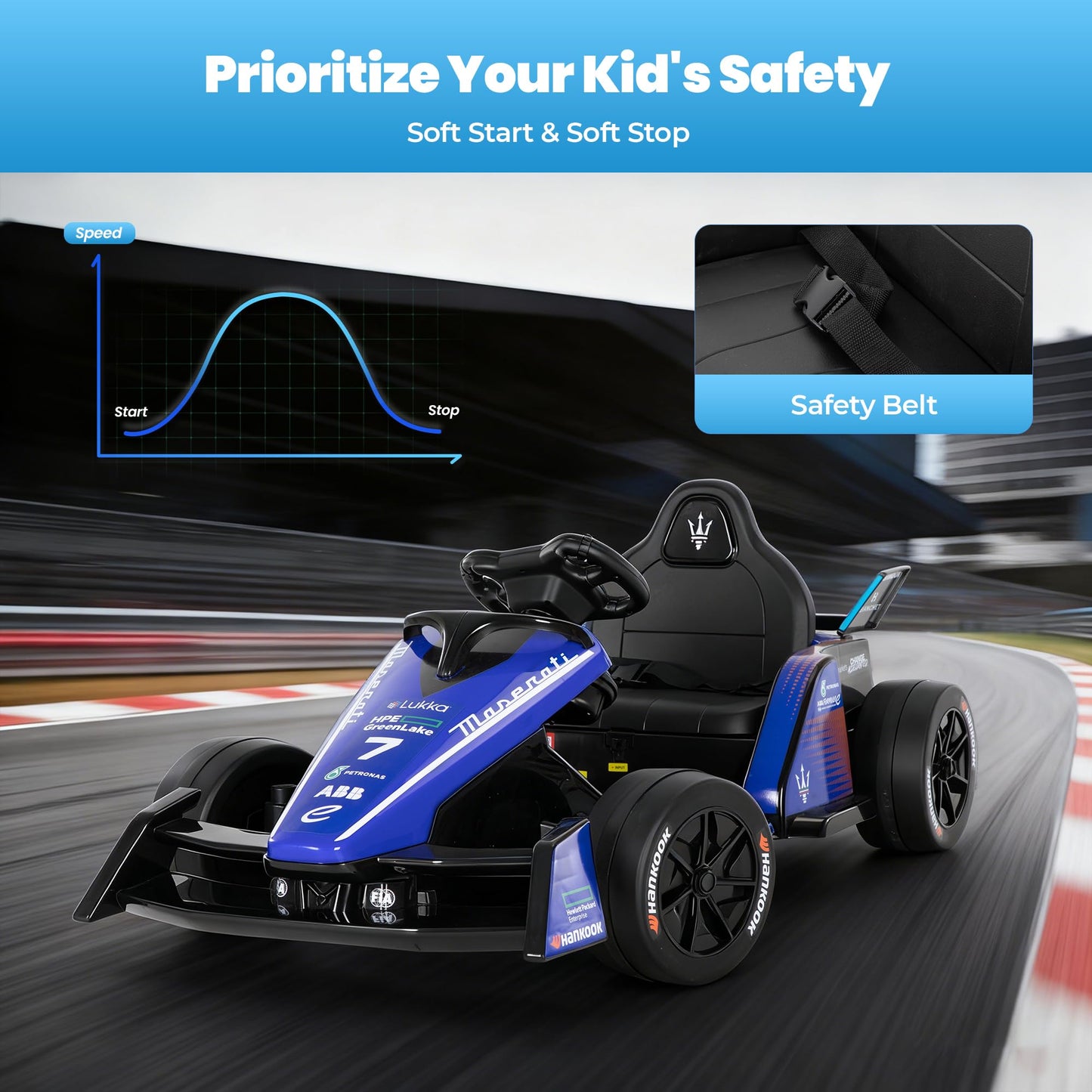 Licensed Formula E 12V Go Kart for Kids for Ages 3-8, 550W Motors Electric Kids Go Cart Ride On Car with 3-Speed Parent Remote Control,Shock-Absorbing Spring,Soft Start/Stop(Royal Blue)