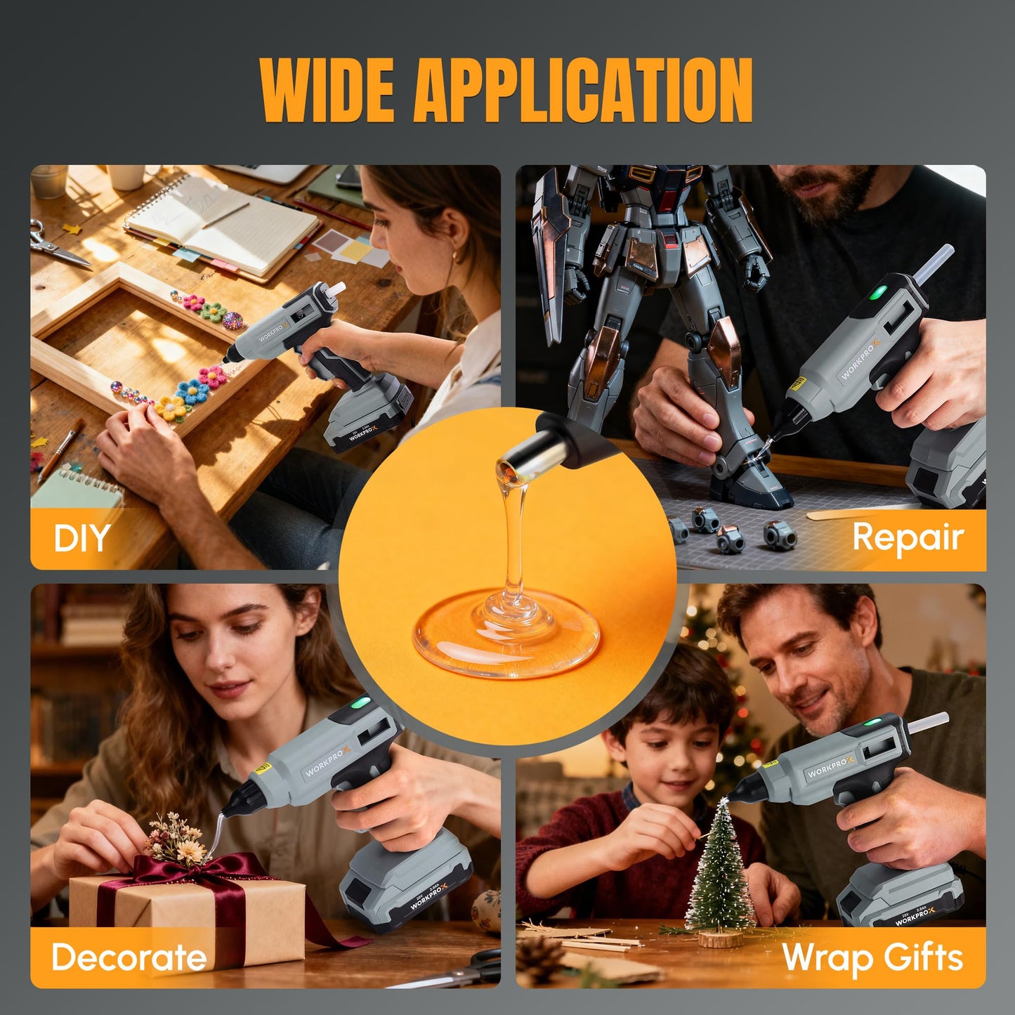 WORKPROX Cordless Hot Glue Gun, 90min Runtime, 20V Rechargeable Full-Size Glue Gun Kit with 20pcs Glue Sticks, 2Ah Battery, USB-C Charging Cord, Smart Power-Off for DIY Crafts, Repair, School Projects