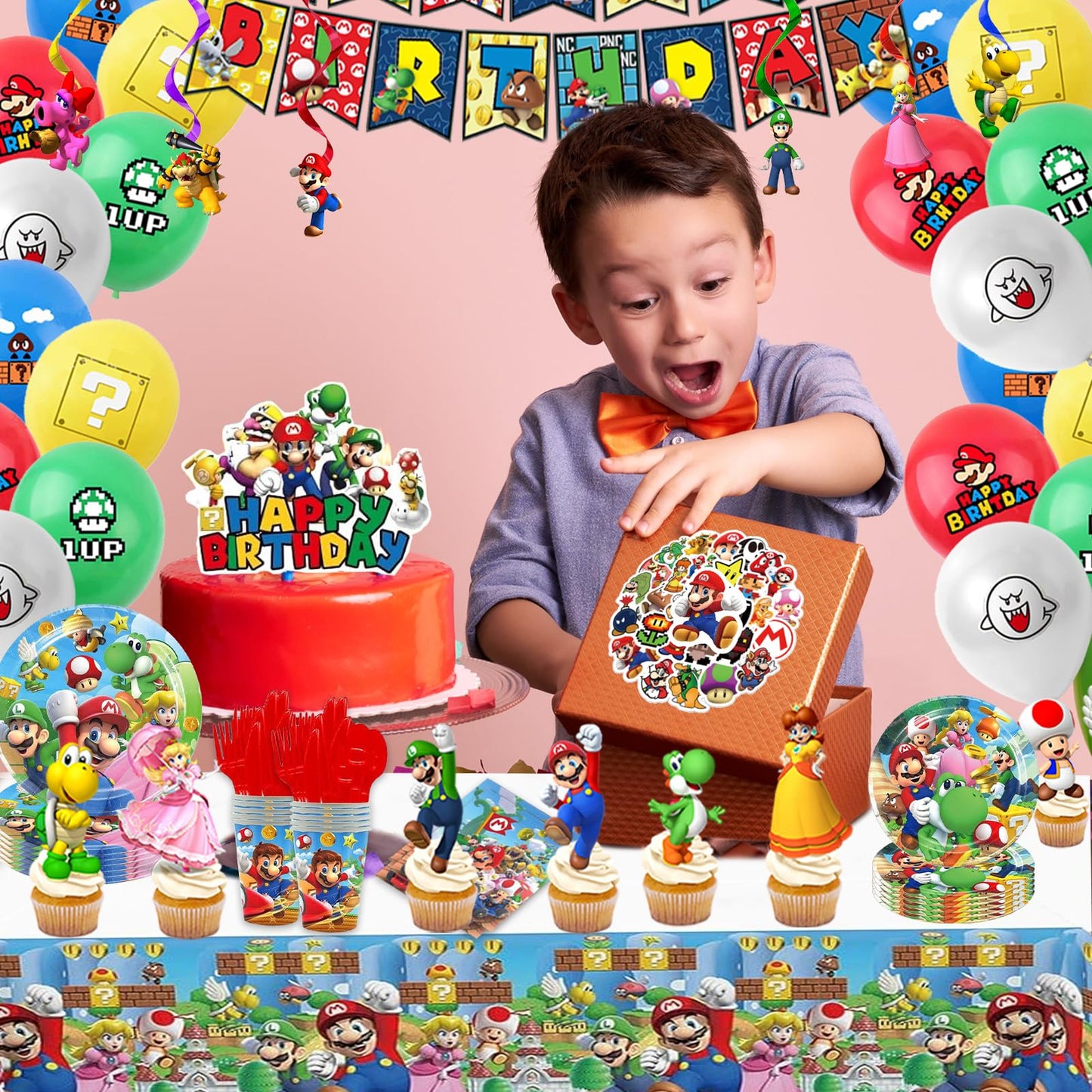 Birthday Party Supplies Ultimate Kit - 14-in-1 Decorations Set with Banner, Backdrop, Tablecloth, Balloons, Plates, Cutlery, Cake Toppers for Themed Parties