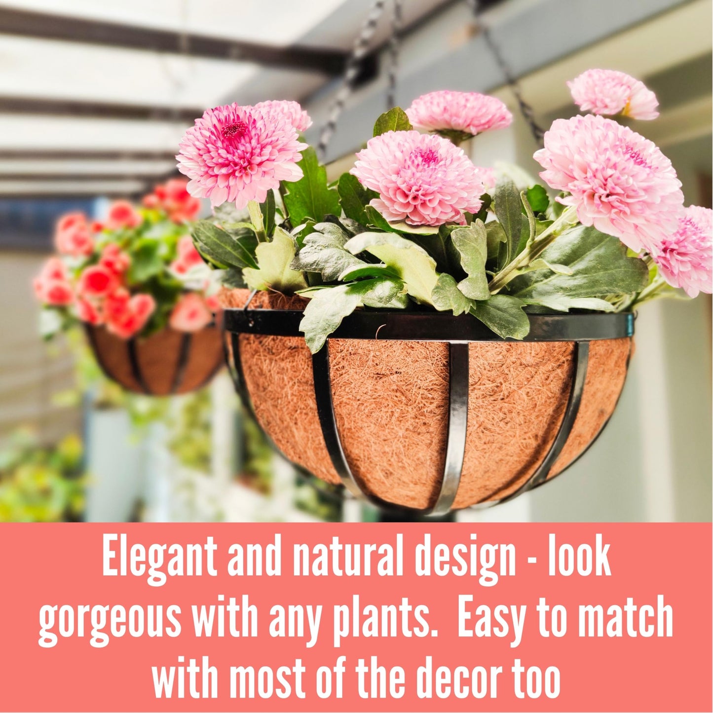 LaLaGreen Outdoor Hanging Baskets for Plants (12 Inch, 2 Pack) Medium Black Hanging Planters with Coco Liner, Metal Flat Iron Flower Pots for Deck Patio Porch Modern Garden Balcony Outside Decoration