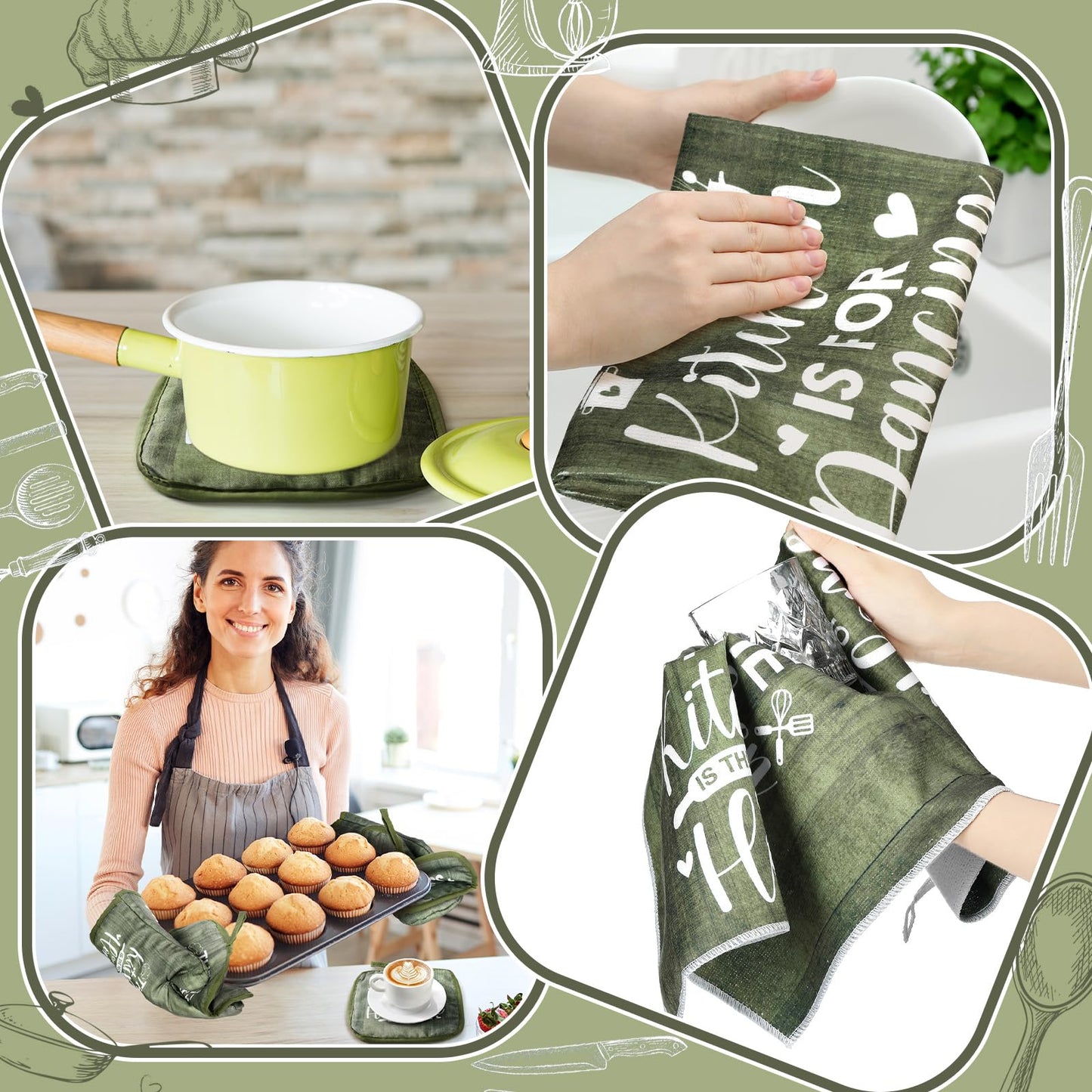 Fourluoo 10 Pcs Farmhouse Kitchen Decor and Accessories Set 4 Kitchen Towels 2 Pot Holders 2 Oven Mitts 2 Rugs for Cooking Baking Mom Housewarming Gifts(Sage Green,Classic Style)