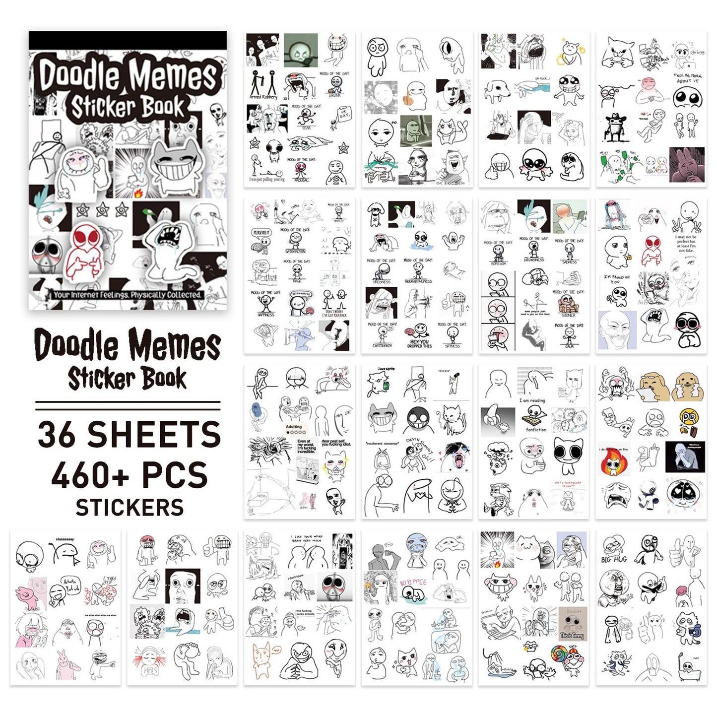 PRSTINCOL Meme Sticker Book, 36 Sheets 460+ Pcs, Black and White Funny Meme Stickers for Adults and Teens, Die Cut Vinyl Stickers for Journaling Scrapbooking DIY