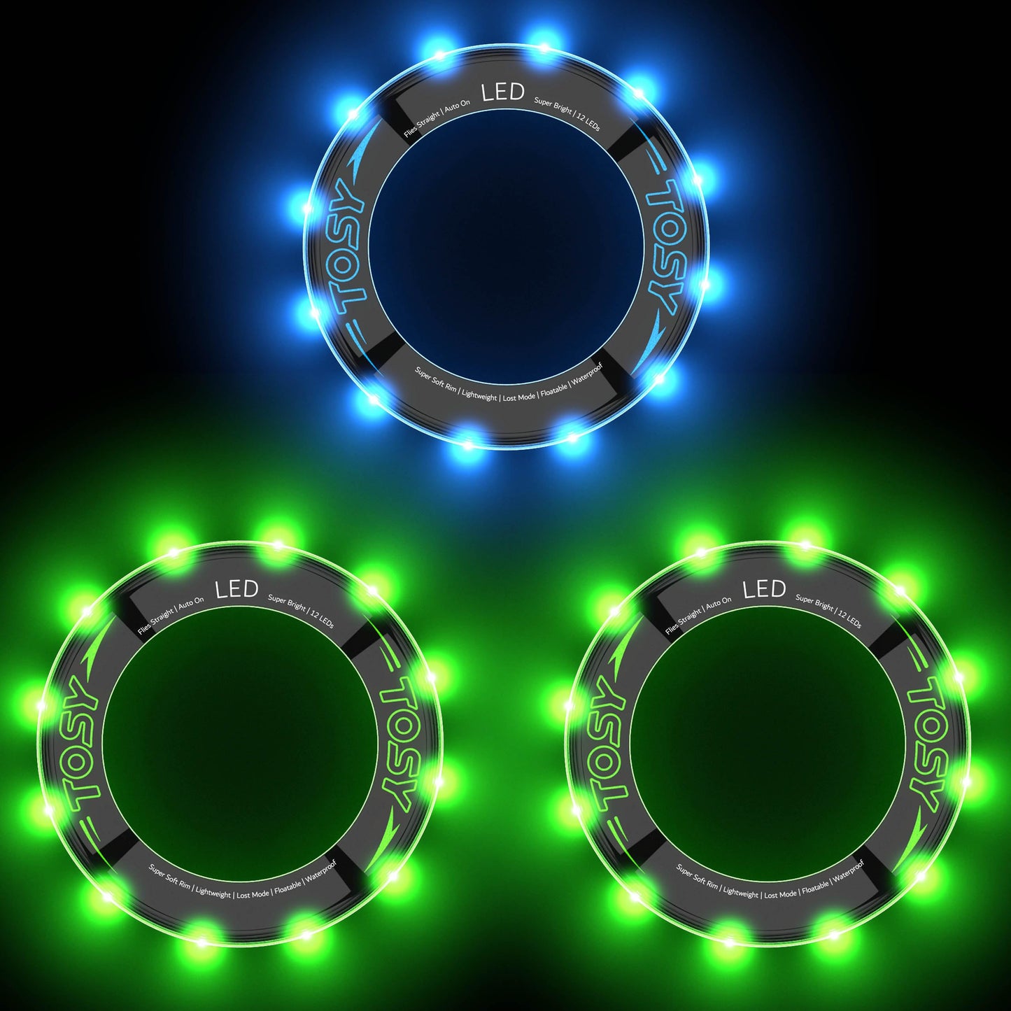 TOSY Bundle of 3-2X Green + Blue - Flying Ring 12 LEDs Super Bright