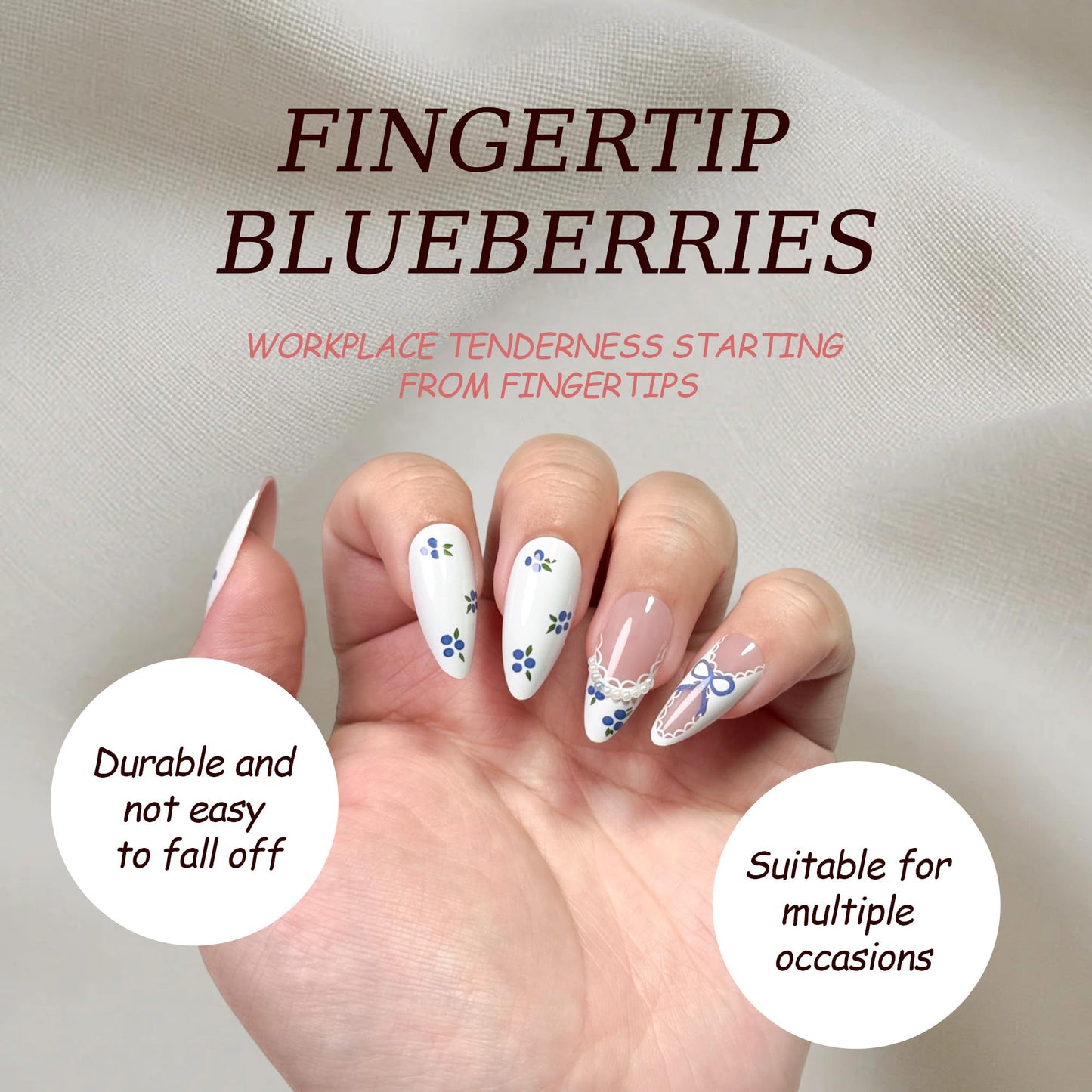 COOCRENAILS Pearl-Framed French Press-On Nails, Blueberry pattern with Lace Detailing, Reusable Adhesive Tabs for Effortless Salon Manicure, 12 Sizes-24Pcs