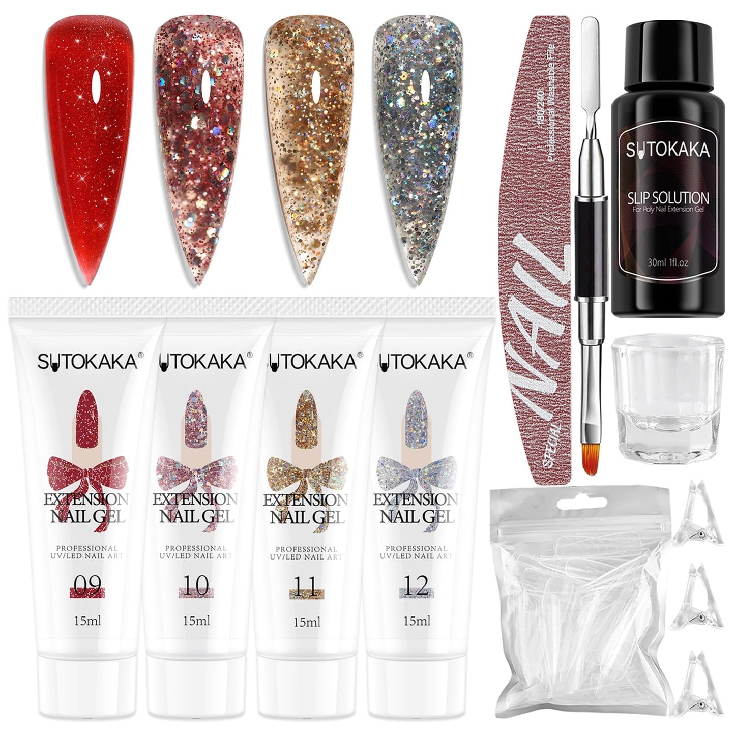 SUTOKAKA Poly Gel Nail Starter Kit Festive 4 Colors Glitter Sequins Polygel Extension Set with Slip Solution Dual Nail Forms Manicure Tools for Women Christmas New Year DIY Design