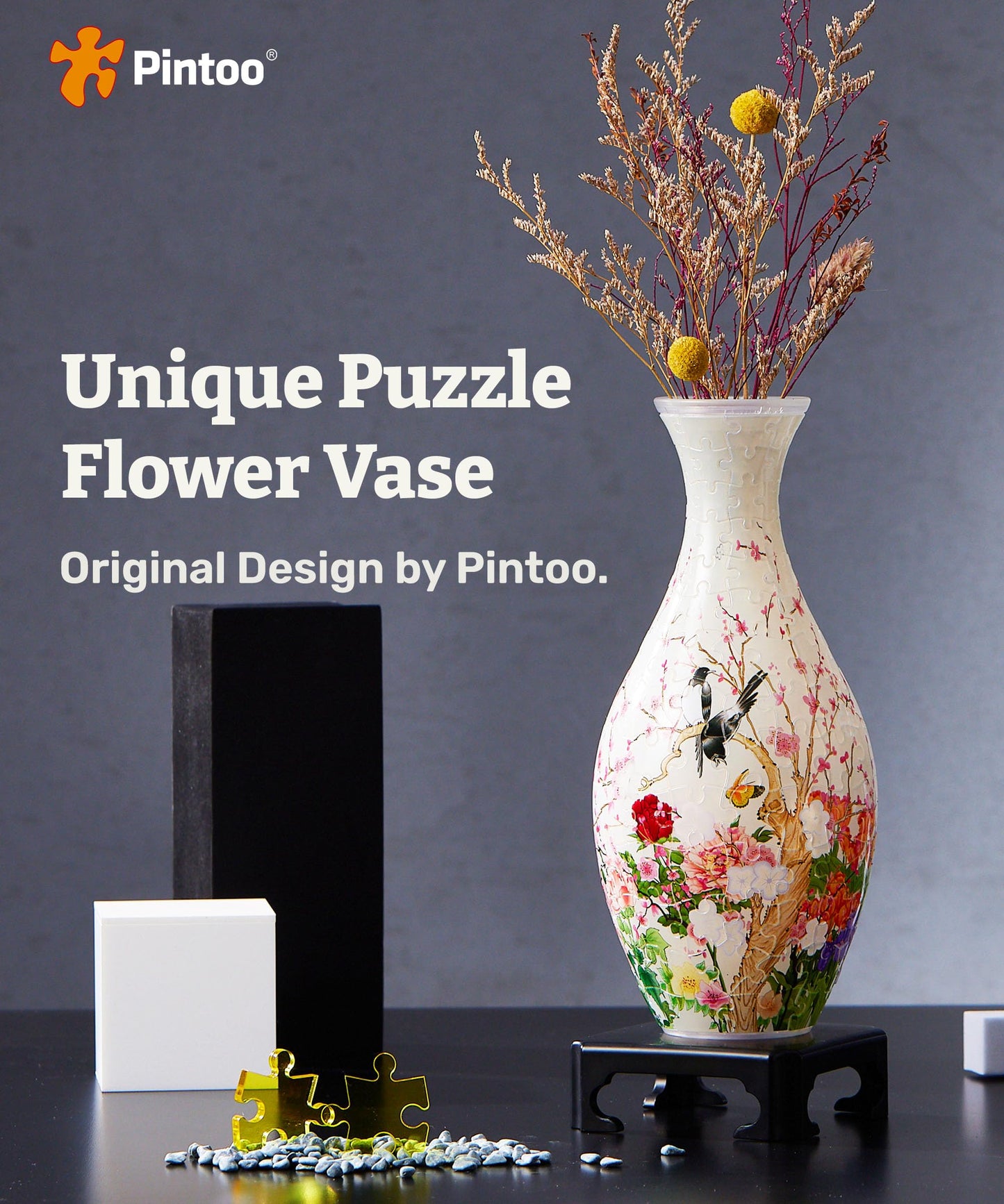 Pintoo 3D Puzzle Vase Unique Flower Vase Made by 160 Curved Plastic Puzzle Pieces House Warming Gift for Flower Arrangements and Home Decoration - [S1035] (Translucent, Flowers and Birds)