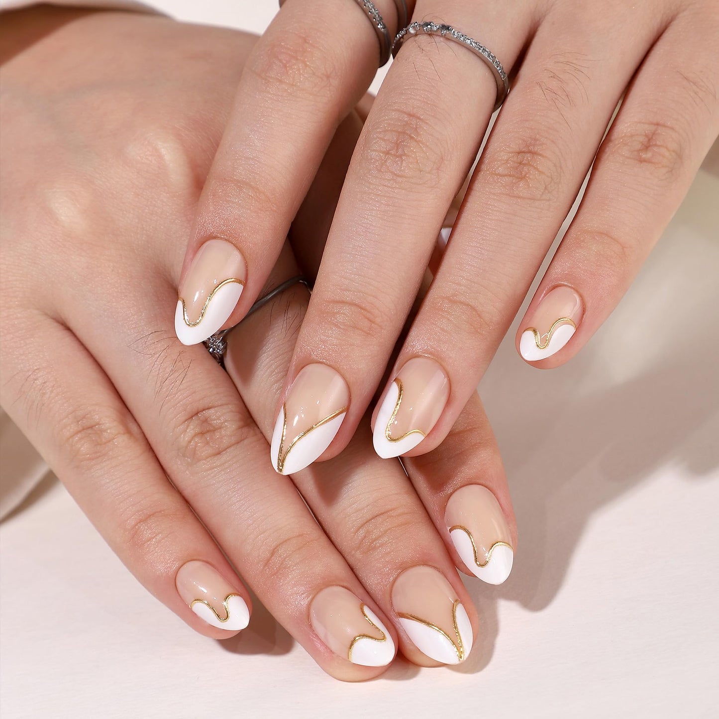 WAFOLOZE Almond Press On Nails - White French Tip Press On Nails Short with Gold Foil Designs, Glue On Nails 16 Sizes - 32Pcs Reusable Soft Gel False Nails Tips Kit, Stick On Nails for Women