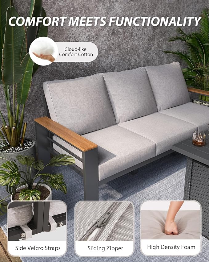 Aoxun Aluminum Outdoor Patio Furniture Set, 7 Seats Outdoor Sectional with Fire Pit Table, Patio Conversation Sets with Upgraded Armrests and Cushions for Backyard, Garden and Poolside（Grey）