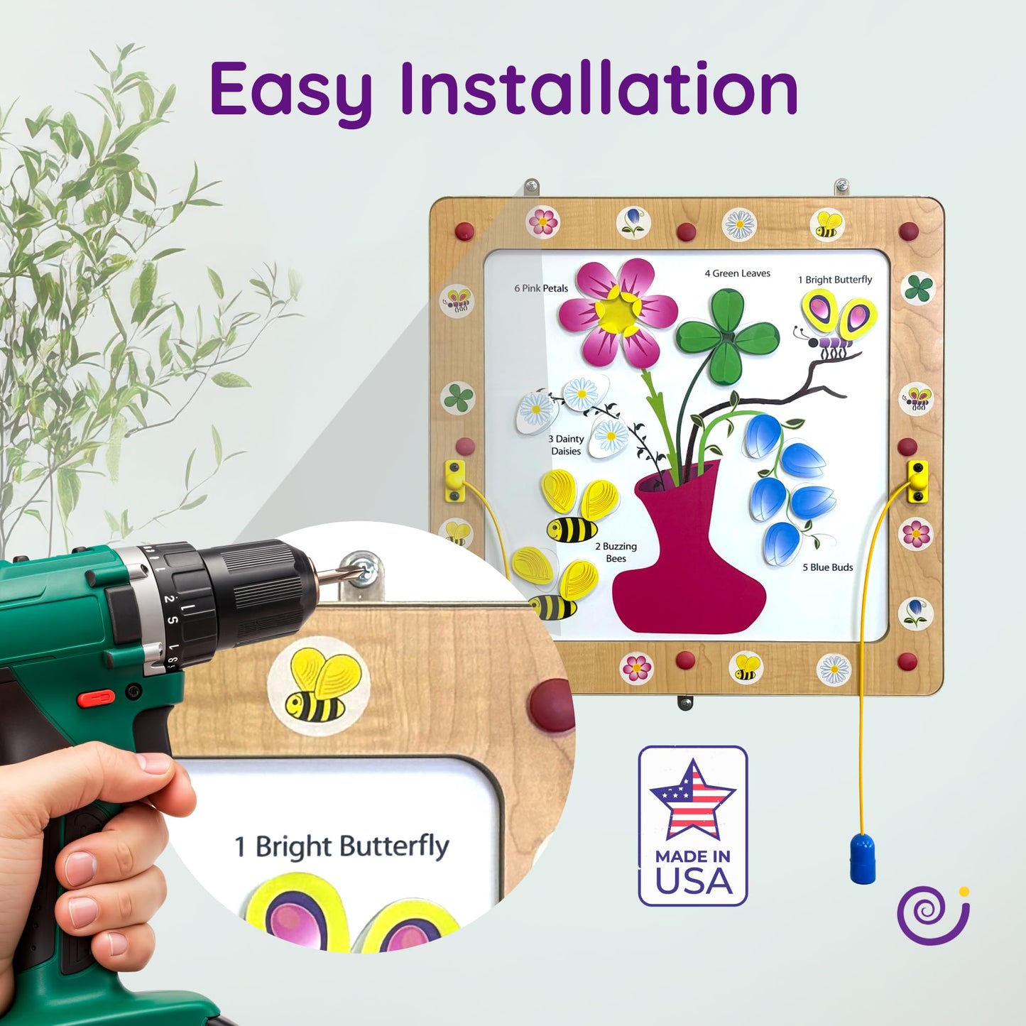 Playscapes Magnetic Toddler Activity Wall Panel Toy – Interactive Wall Busy Board – Melamine Frame & Acrylic Panel with 2 Wands – Easy Installation, No Loose Pieces, Easy-to-Clean – Flower/Bees Design
