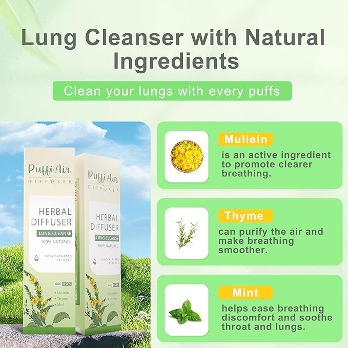 Herbal Diffuser Upgraded with Extracts of Mullein, Thyme and Mint for Cleansing Lungs, Improving Breathing and Oral Air Freshening - 2 Sticks 1Pack