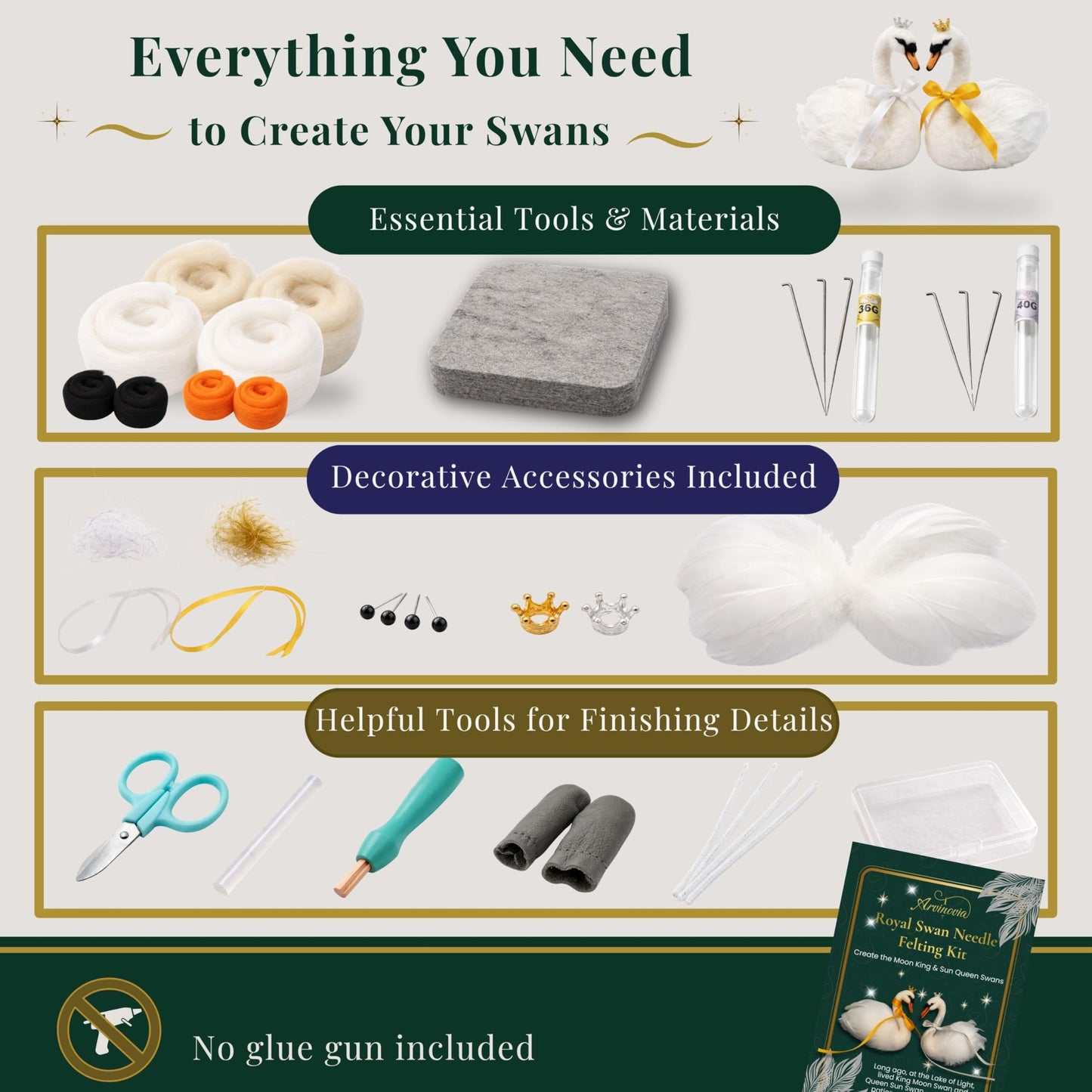 Arvinovia Needle Felting Kit – Make 2 Swan Figures, Complete Wool Felting Starter Kit with Tools & Step-by-Step Video Instructions, Guided DIY Craft Kit for Adults & Teens, Creative Gift Idea