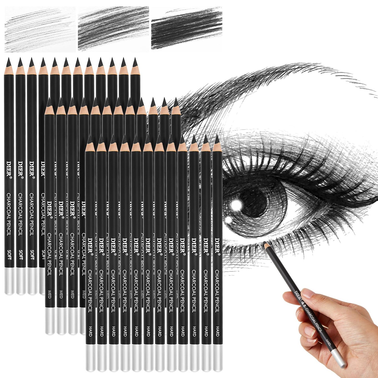 Geyoga 36 Pcs Professional Charcoal Pencils Soft, Medium and Hard for Drawing Charcoal Pencils for Sketching Shading Drawing Blending Portrait (Black,Assorted)