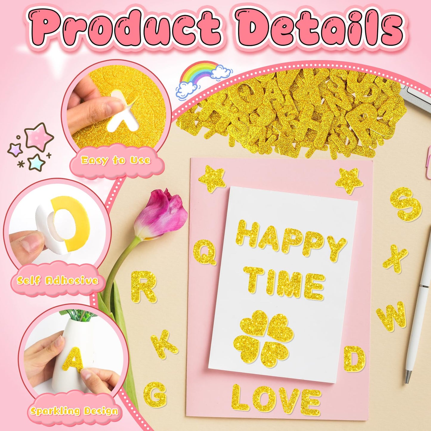 896 PCS Glitter Foam Letter Stickers, Self-Adhesive 3D ABC Alphabet Stickers, 14 Sheets EVA Foam Letters for Crafts Scrapbooking Gift Wrapping Card Making School Projects DIY Decor (Gold)