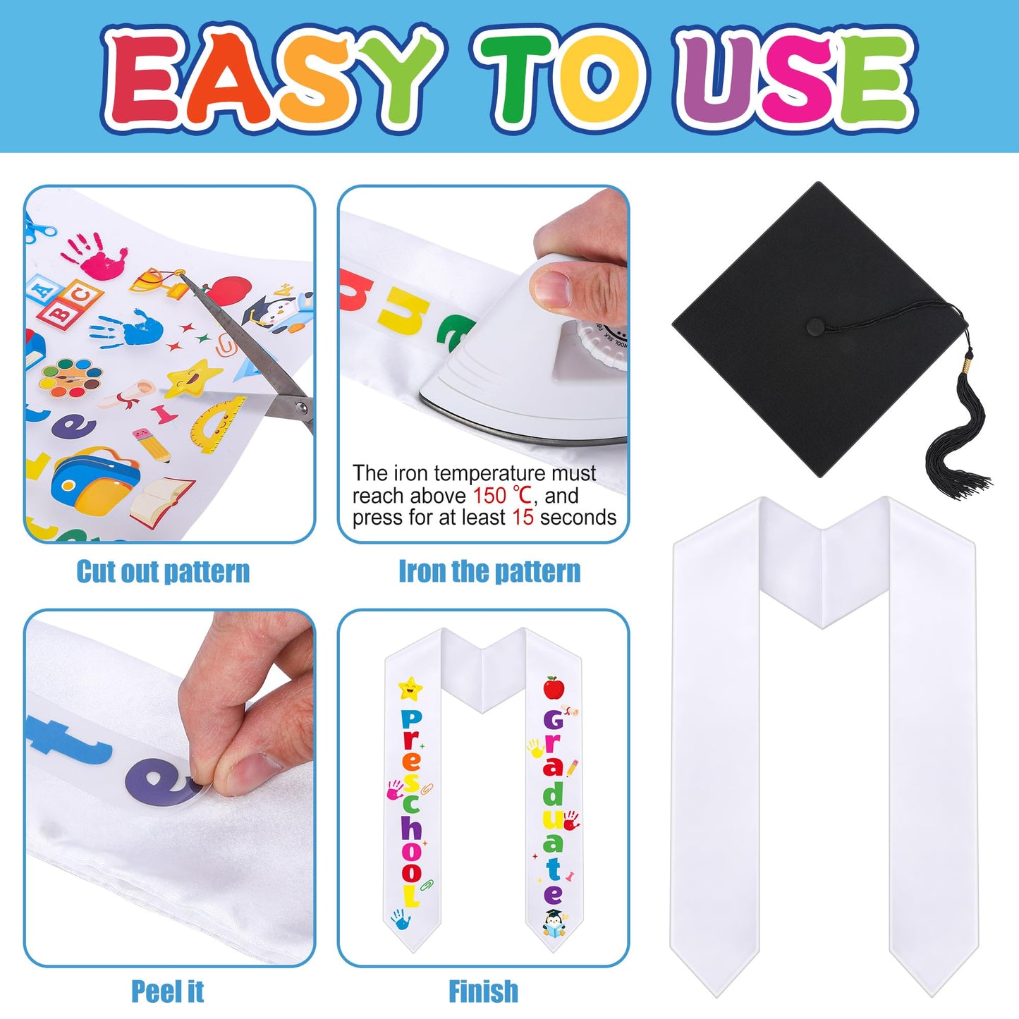 Wehhbtye 12 Pcs Preschool Kindergarten Graduation Cap Stole Iron on Letter Set, Preschool Graduation Cap Stole Decoration Includes Iron on Letters Certificate Medal for Kids Students DIY Craft