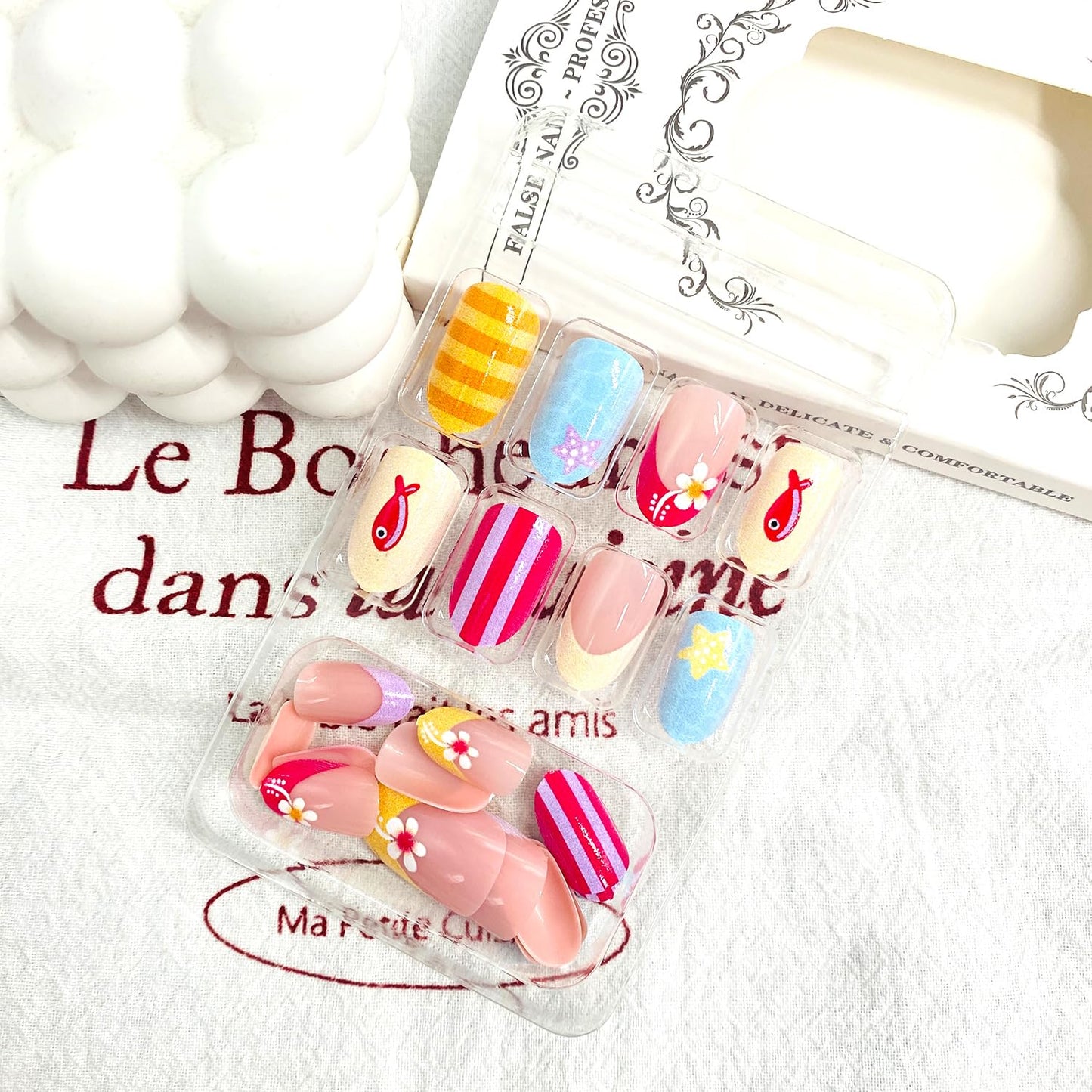 Flowers French Tip Press on Nails Medium Almond False Nails with Cute Little Fish Stripe Design Full Cover Glue on Nail Summer Reusable Acrylic Fake Nails Glossy Artificial Stick on Nail for Women
