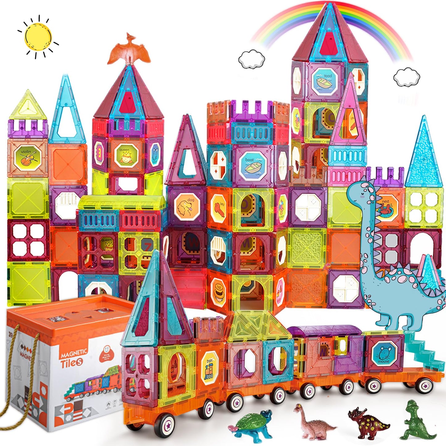 BUBUQE Magnetic Tiles Building Blocks with 4 Cars Magnet Train Set for Kids Construction STEM Toy Preschool Educational Creativity Learning Brithday Gift for Girls Boys Toddlers 3 4 5 6 7 8