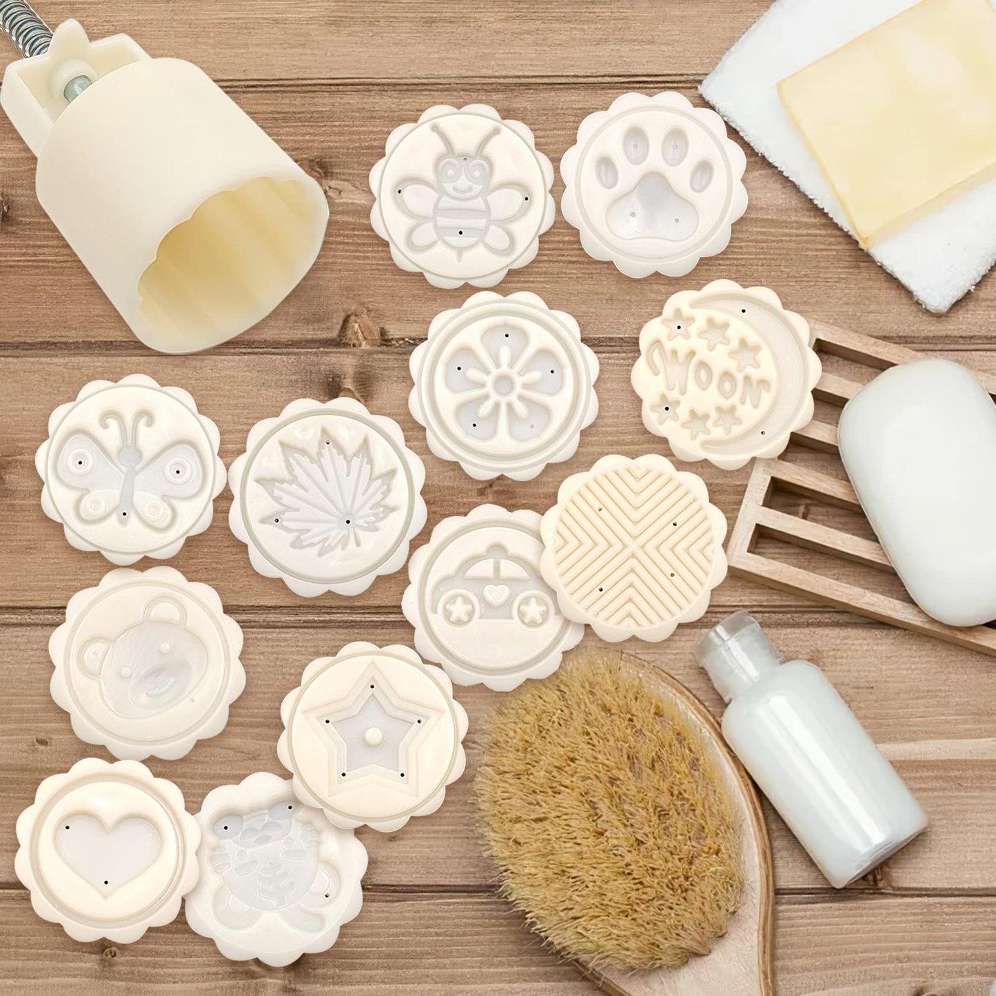14 PCS Bath Bomb Mold Set Includes 2pcs Bath Bombs Press and 12pcs Different Pattern Stamps for Making DIY Bath Bombs Tools, Moon Cake Making for Mid-Autumn Festival Press (Style 2)