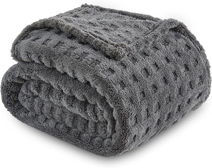 NEWCOSPLAY Super Soft Throw Blanket Grey Premium Silky Flannel Fleece 3D Waffle Checkered Lightweight Bed Blanket All Season Use (Dark Grey, Throw(50"x70"))