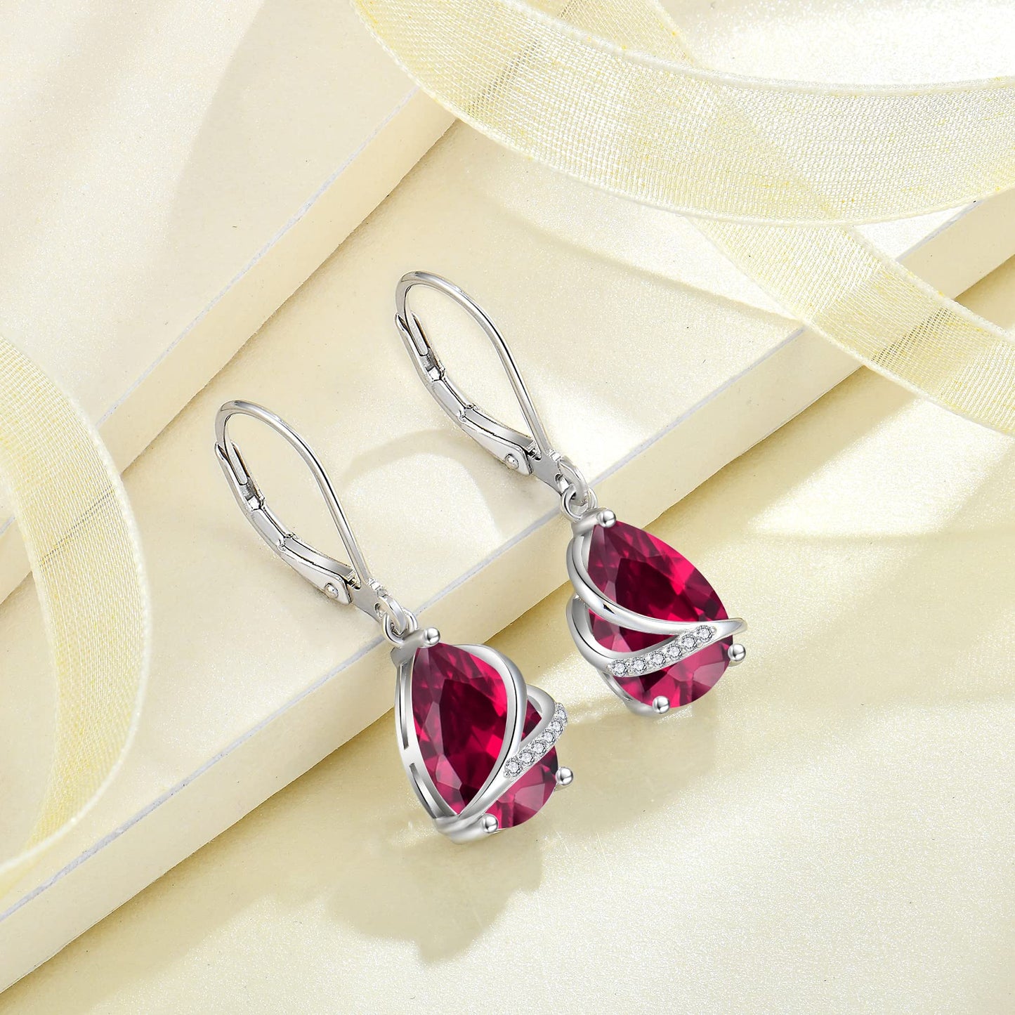 Rocayi Teardrop Ruby Earrings 925 Sterling Silver Dangle Drop Earrings July Birthstone Jewelry for Women