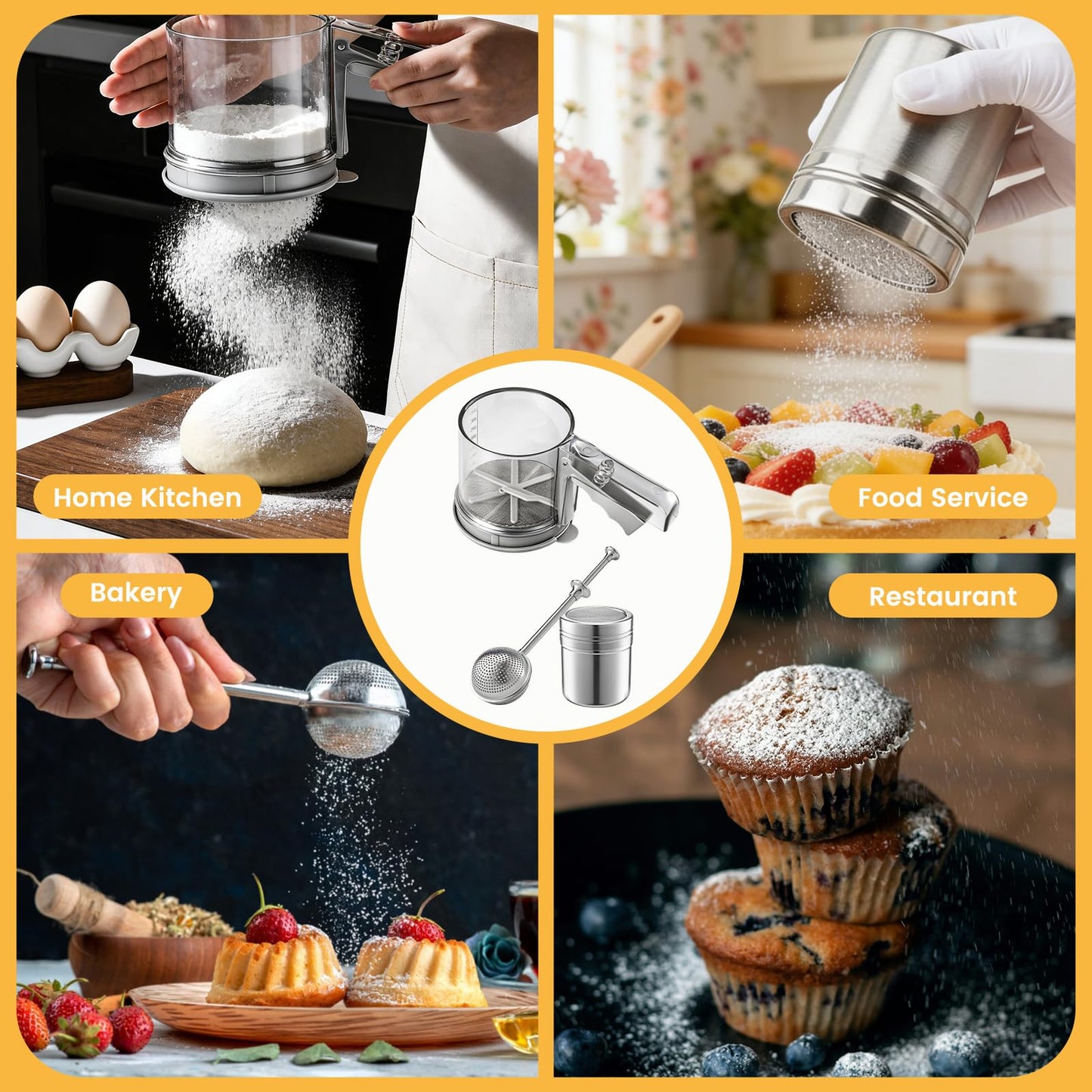Flour Sifter, 3 Cup Flour Sifter, Sifter for Baking Sifter Handheld Baking Sieve Food-Grade Double-Filter, Powdered Sugar Shaker Duster Set for Baking Cakes, Pastries, Pies, Cupcakes and Desserts