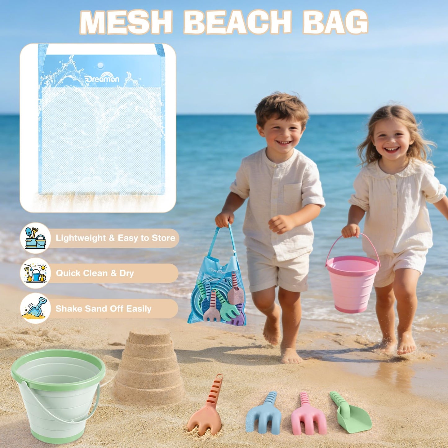 Dreamon Beach Toys, 4 Pack Collapsible Sand Buckets for Kids, Shovels & Rakes Set with Mesh Bag, Kids Beach Essentials Sandcastle Building Kit for Beach Trip Outdoor Play and Summer Fun