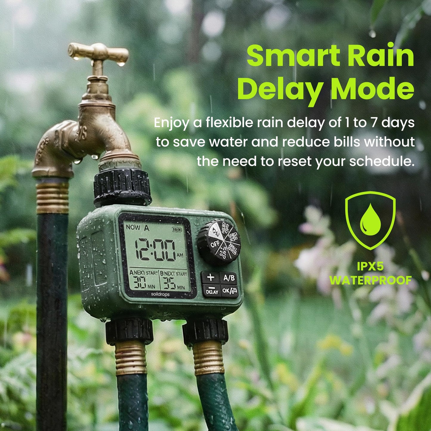 Soildrops Sprinkler Timer for Garden Hose, Programmable 1 or 2 Outlet Controller with Self-Cleaning Valve, 15-Day Frequency, Large Dial, Rain Delay & Auto-Off, IPX5