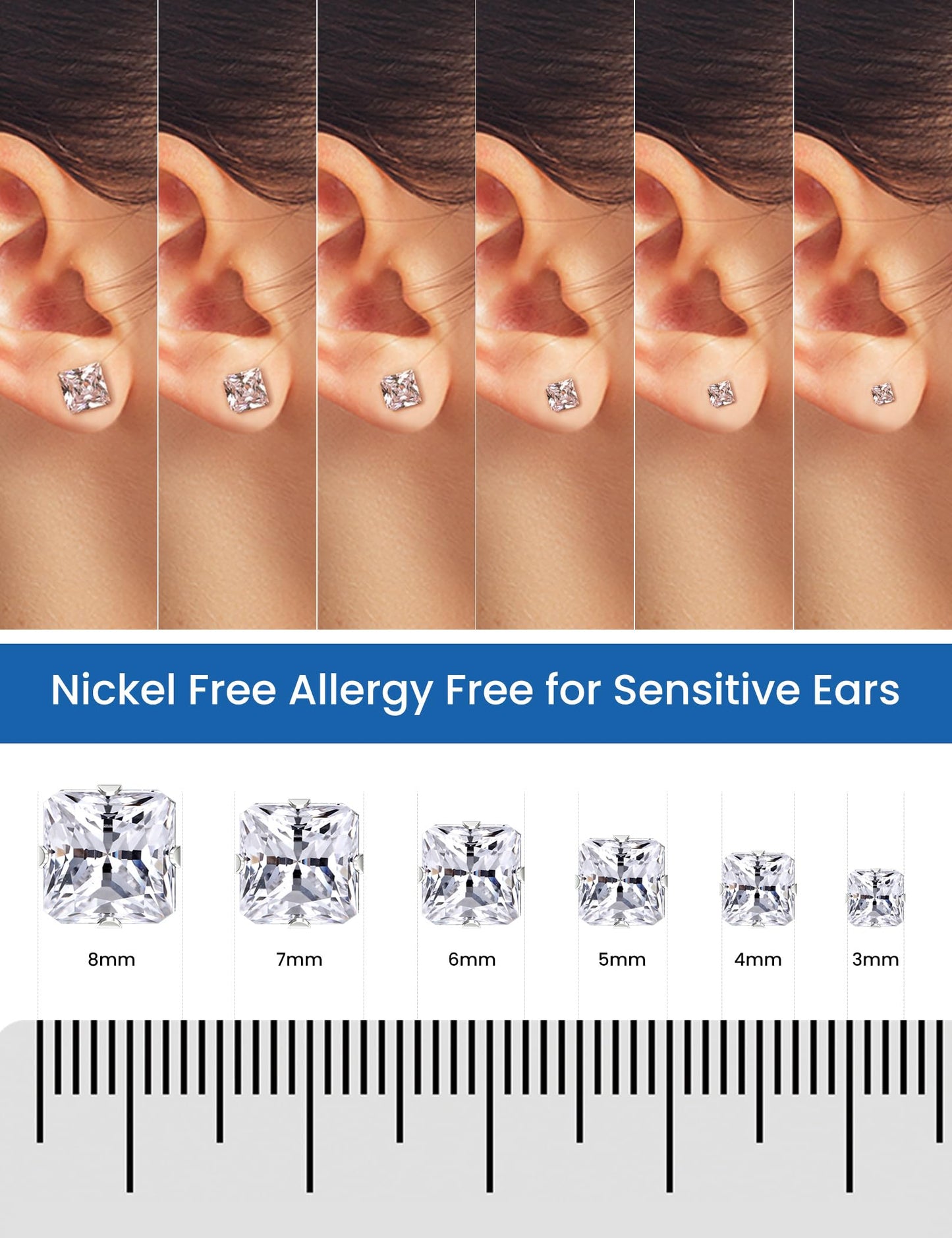 12 Pairs Silver Earrings - Surgical Steel & Zinc Earrings Set - Hypoallergenic Cubic Zirconia Studs - Women's & Men's - 3mm-8mm
