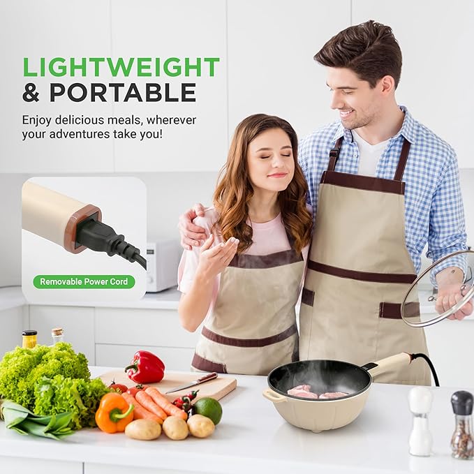 Nutrichef 4L Electric Frying Pan & 4L Steamer | Multifunctional Portable 1000W Non-Stick Pot for Cooking | Durable Heat Safe Handle | Touch Control Panel | Electric Hot Pot | White